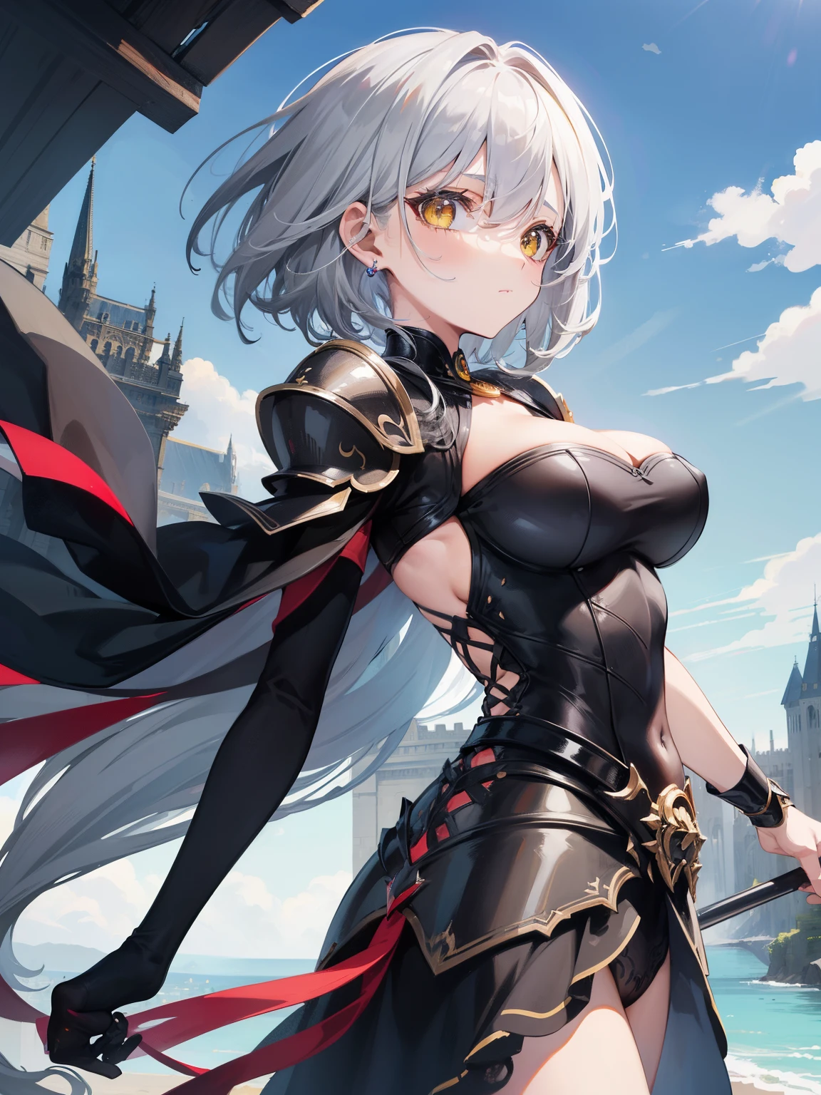 ((masterpiece)), ((best quality)), (ultra-detailed), ((kawaii)), cute, (lovely), ((sexy)), ((extremely detailed)), 4K, (8K), best quality, (beautiful), (anime style:1.2), flat color, painting, //, dynamic pose ((nsfw)), //, upper body, gradation, Beautiful girl with gray hair,short gray hair, Sick,White pupils yellow eyes, gray skin,The legs are very thin,The legs are long, red eyelashes, masterpiece, 1girl, medium breasts, flirting, from behind, buttcup, knight, dark knight, (black armor), The legs are long,medium breasts, from sides, short hair, (gray hair, Deep yellow Eyes:1.2), Sparkling eyes, Cute face, kawaii, Large breasts, delicate hair, medeival fantasy town, Huge city, Beautiful city with gardens, monument, Palaces and beautiful buildings, Epic Fantasy City, ((low camera angle, ground view)), yellow eyes, glowing eyes, masterpiece, 1girl, 20year medium breasts, naked, flirting, ((low camera angle, ground view)) Tall and tall,Thin, 8k, ultrarealistik, oficial art,