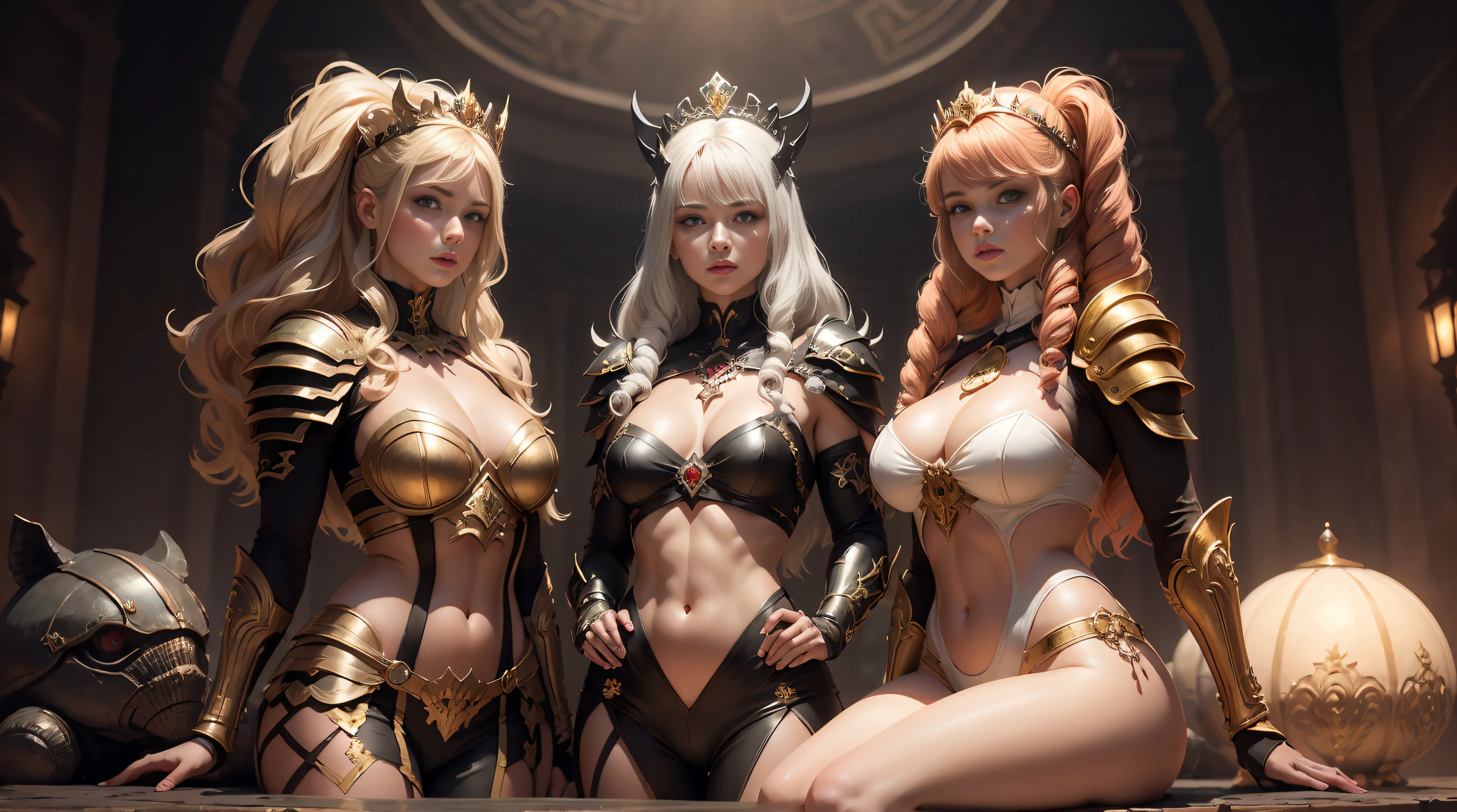 Blonde haired woman with braids, (Armadura nordica decotada dourada). Bright black gold armor with sharp reflections. Pedras preciosas. ombros nus. (tiara). Low muscle definition. Pernas lindas. Ombros nus visiveis. Detailed lighting. artistic work. Beleza extrema. Roupa com efeito de gradiente colorido intenso. Professional image with high saturation. Camera profissional. illustration. cores vibrantes. olhos amarelos vibrantes, low water, capa de pelo, olhos dourados brilhantes, simetria, olhar intenso, detalhes pretos nas roupas, aura dourada