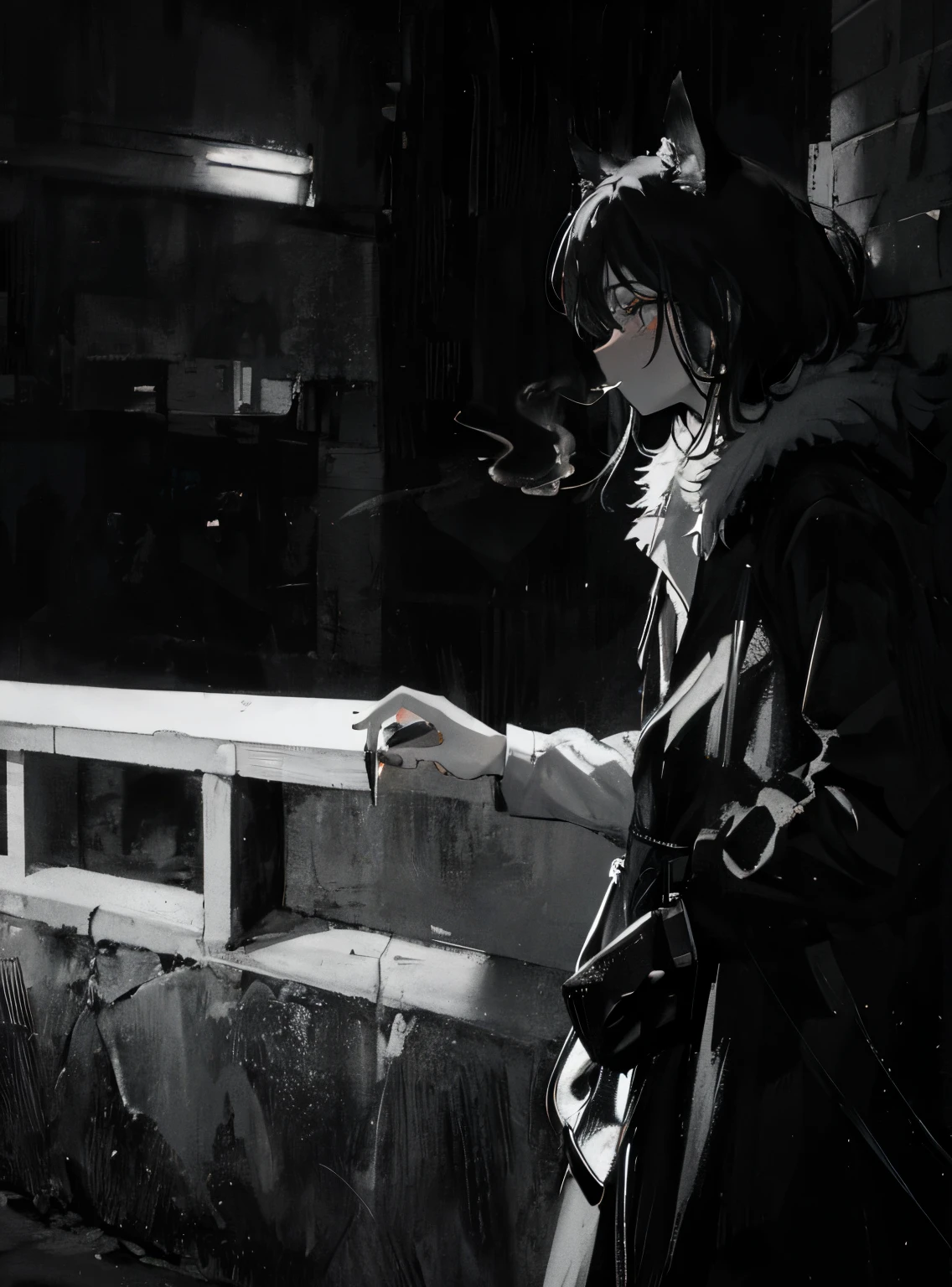 wolf girl, black hair, wolf ears with white fur inside, coat with a high collar, lights a cigarette, black and white, noir, pathos, standing against the wall, leaning on the wall, street, no people, 1girl, cigarette, from side, greyscale, holding, monochrome, railing, smoke, smoking, solo