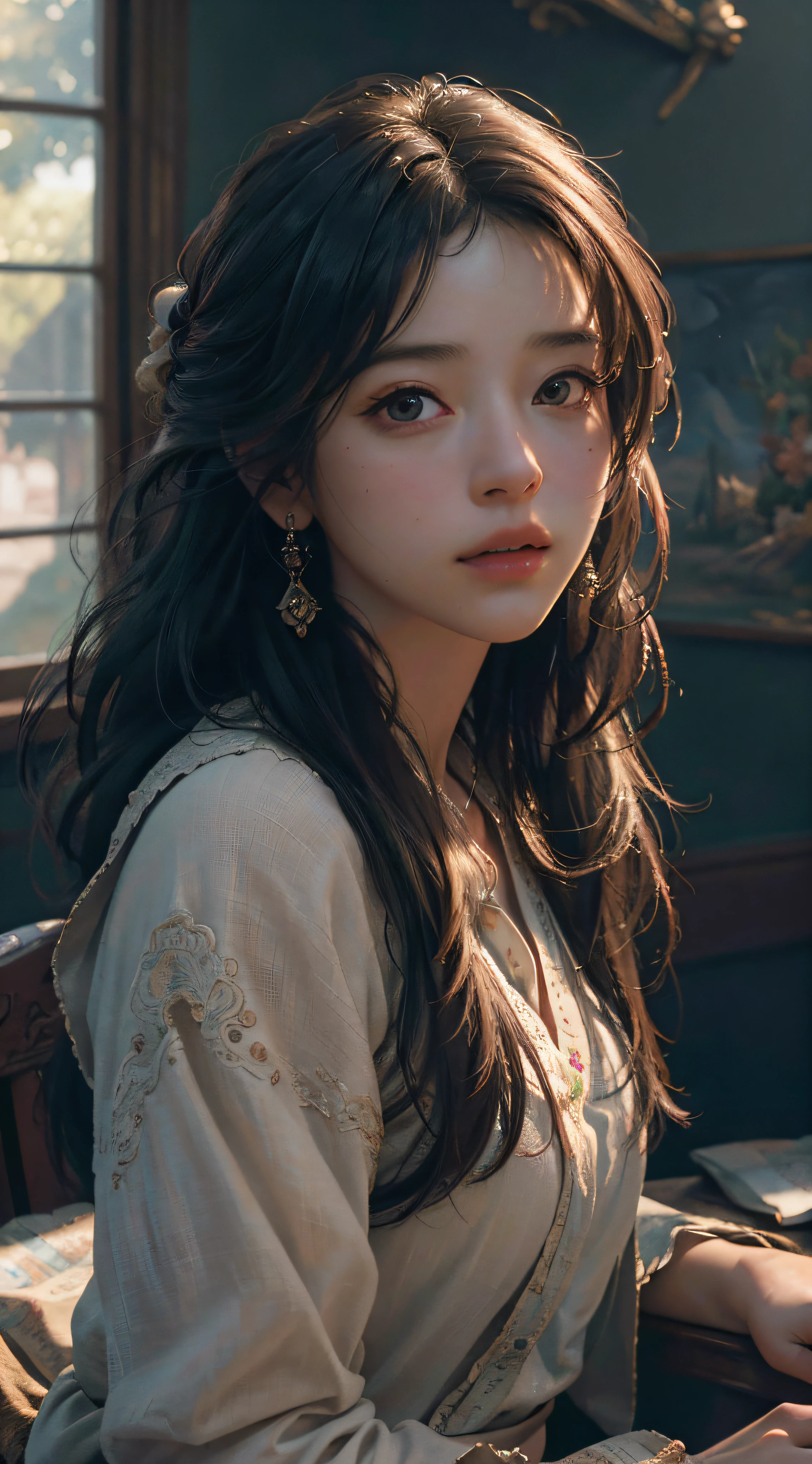 (RAW photo, best quality), (realistic, photo-realistic:1.3),best quality,highly detailed,masterpiece,ultra-detailed,illustration,1girl,upper_body,dynamic angle,world masterpiece theater,messy_long_hair,best quality,extremely detailed CG unity 8k wallpaper,ink,Amazing,cinematic lighting,lens_flare, dunhuang_style