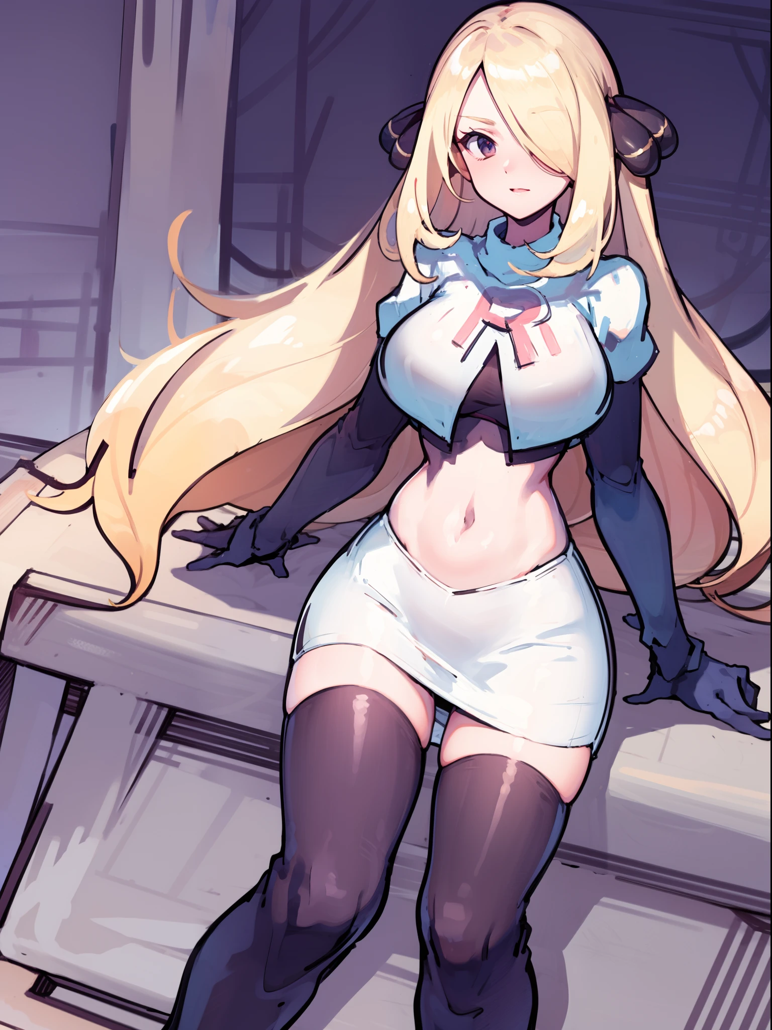 (best quality) BREAK cynthia \(pokemon\),team rocket,team rocket uniform,white skirt,crop top,black thigh-high boots,black elbow gloves,