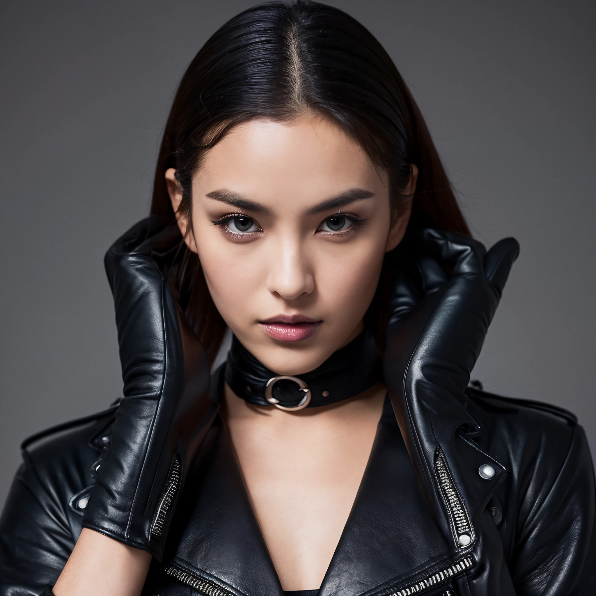 A mysterious woman wearing black leather gloves and a black leather rider's jacket.