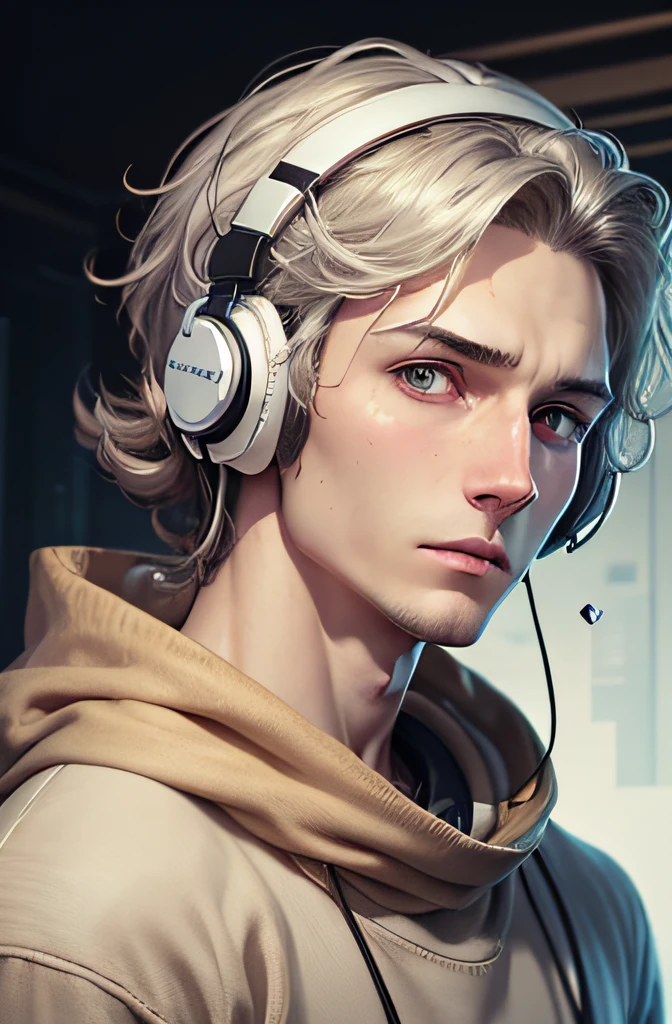 A pale man, who has soft brown eyes, and a sad expression. His choppy hair is a light brown. He has large silver gaming headphones on his head, and is wearing a brown sweater.