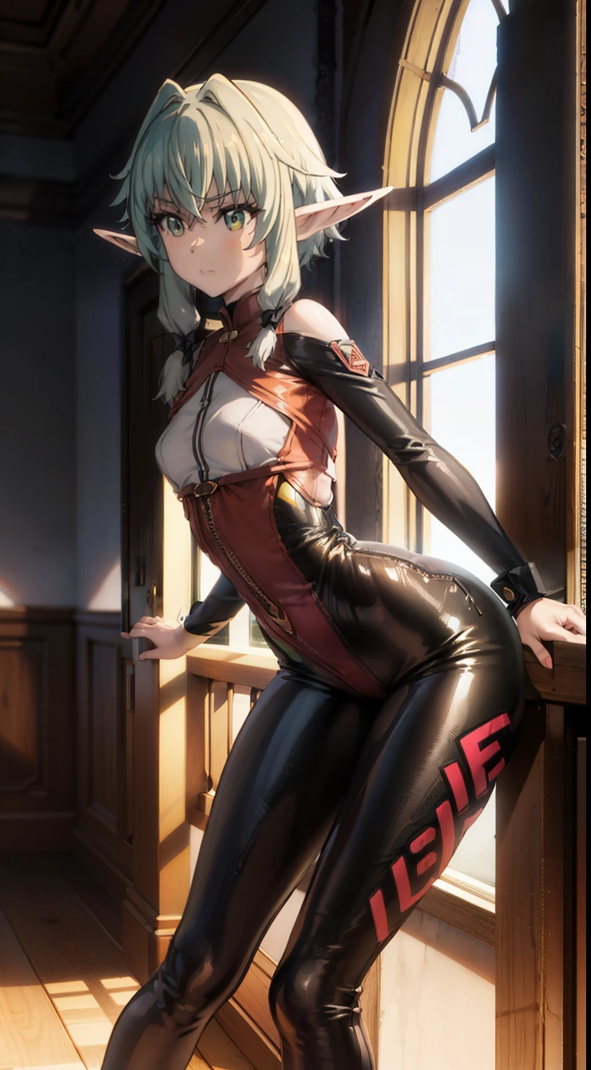 photo portrait, Beautiful figure, sharp ears, elf ears, white colored hair, Lucy from the anime series Cyberpunk Edge Runner, Erotica, Nudie, half naked, a 1girl, facing the viewer, Beautiful figure (Proper Anatopy 1.1.), in full height (Body Full 1.1), Slim, Slender figure, Slender figure, shapely legs, leather pants, Anime style, white colored hair, white colored hair, that disappear at the ends, Bob hairstyle, short white jacket, tight black suit, Cutouts on the shoulders, Cutouts on the chest, Skinny black leather pants, Very detailed face, Very beautiful face, Very sexy ass, in full height (Body Full 1.1), Tall android girl, small elastic breasts, Little ass, Hair is gathered in a braid, Beautiful slim figure, small buttocks, A braid around the head, Round braid, Red Star in the Forehead, Short Brown Jacket, black tight suit, darkly，gris & Dark Style：1.1), Light, femininity，tmasterpiece，beste-Qualit，higly detailed，Visible to the feet， 8K resolution， High Sharp， 8K resolution， higly detailed， 8K UHD， Professional lighting， Photon mapping，physical based rendering， a perfect face， detailed face and body， ray traced， expressive look， Cinmatic Lighting，elastic small breasts, Heightened sexuality，