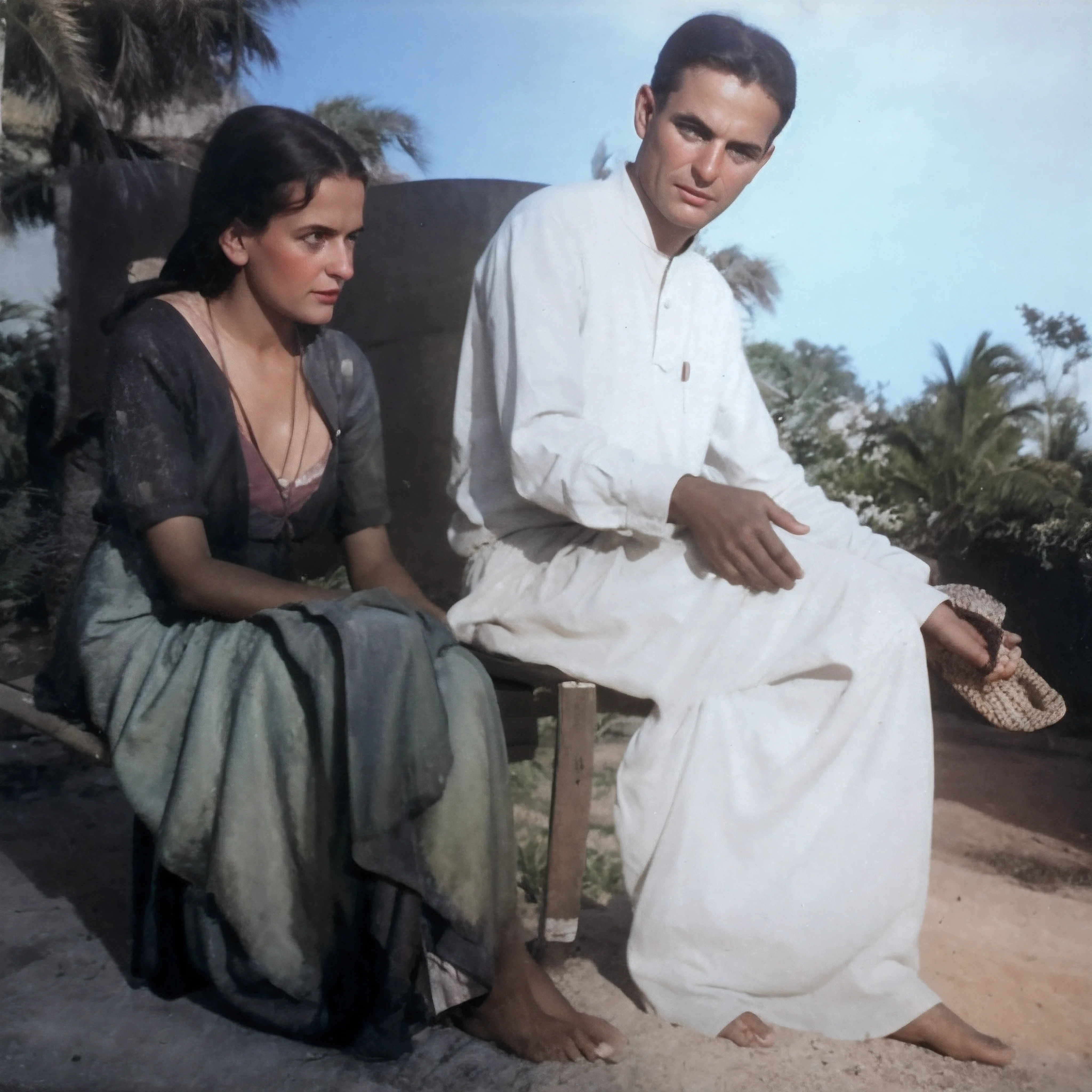 there is a man and woman sitting on a bench together, colorido, colorido, uma foto colorida, colorido, foto colorida, hand - tinted, foto em cores, cor restaurada, fotografia colorida, foto colorida, color restoration, fotografia colorida antiga, fundo colorido, inspirado em Abdur Rahman Chughtai, 4K foto autochrome, filme colorido ainda