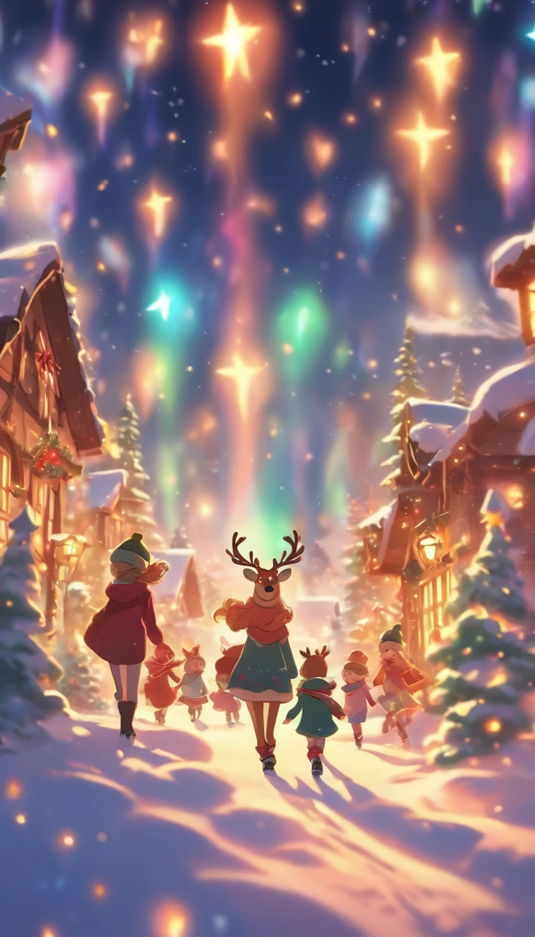 Christmas 2024，snow landscape，Winter wonderland，Cozy cottage，Decorated Christmas tree，fireplace，hanging stockings，Warm blankets，Hot cocoa，Family gatherings，Christmas dinner，turkey，mash potatoes，gravy，cranberry sauce，Pumpkin pie，eggnog，gifts，wrapper，ribbons，Bow knot，santa，reindeer，sled，yukito，skating，snowball fight，carol，church bells，star night，moon full、aurora borealis、flashing lights、gleeful、jubilation、magical、Heartwarming、tradit、nostalgia、celebrating