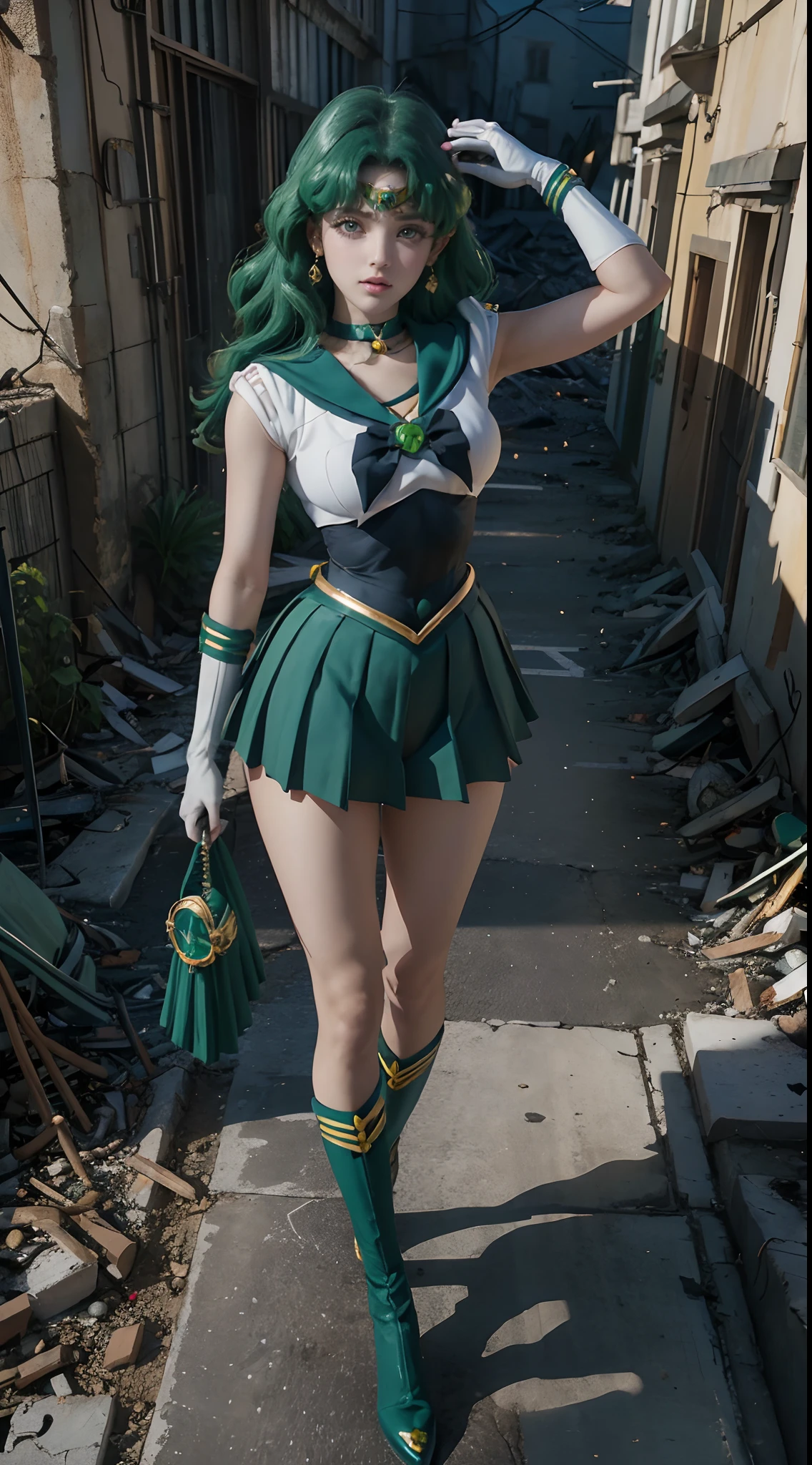 1girl, sailor neptune, (sailor senshi uniform:1.4), dark green hair, medium hair, plead skirt, best quality, earrings, masterpiece, high resolution, intricate details, (( realistic )), photographic, (white elbow gloves:1.1), jewelry, Medium breast, full body, Dynamic background, dynamic posture, high heels,,More detailed 8K.motor irreal:1.4,UHD,La mejor calidad:1.4, fotorrealista:1.4, textura de la piel:1.4, obra maestra:1.8,obra-prima, mejor calidad,objeto Objeto], (detailed face features:1.3),(manos detailed),(ciudad destruida apocalyptic:1.7),Botas por encima de la rodilla: 1.1), Gargantilla, Guante Blanco, gargantilla verde, Arboledas de codos, jewely, Pendientes, falda verde, only one, cuerpo completosbian, pelos verde,