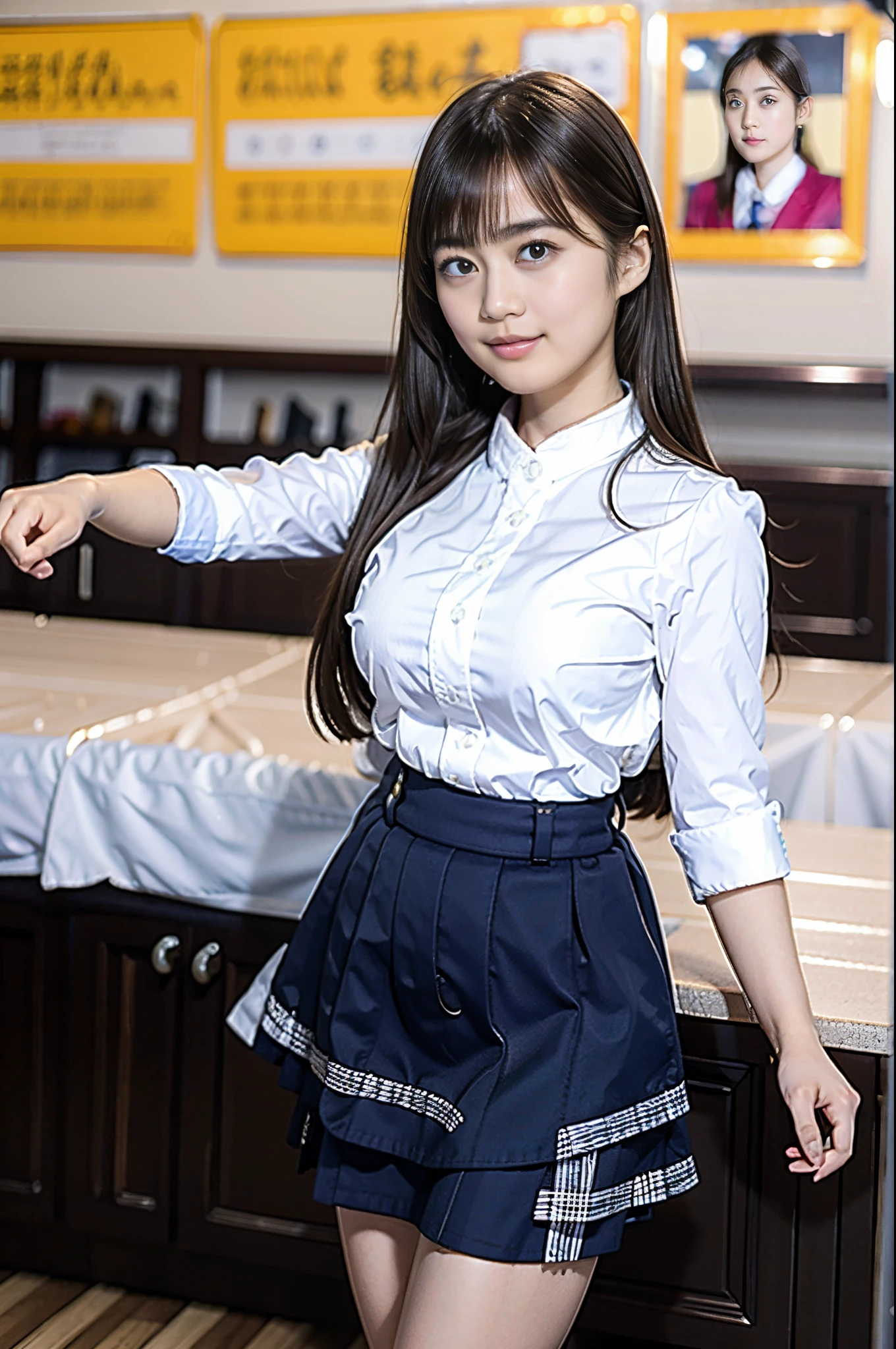 Alafed asian woman in short skirt and white shirt, surreal schoolgirl, cute schoolgirl, surreal schoolgirl, Japan girl uniform, realistic schoolgirl, JK school uniform, girl portrait, cute face with arms and legs, Seifuku, Sakimi-chan, cute core, realistic young gravure idol, high school girl posing, cute smile, cute pants, 🤤