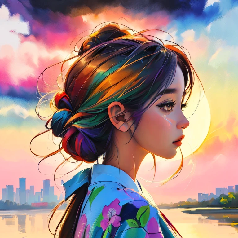 a woman with a colorful painting on her face and a sunset in the background, beautiful art uhd 4 k, art of alessandro pautasso, watercolor detailed art, a beautiful artwork illustration, beautiful gorgeous digital art, japanese art style, side profile artwork, stunning art style, gorgeous digital art, colorful art, jen bartel, exquisite digital illustration, colorful dream