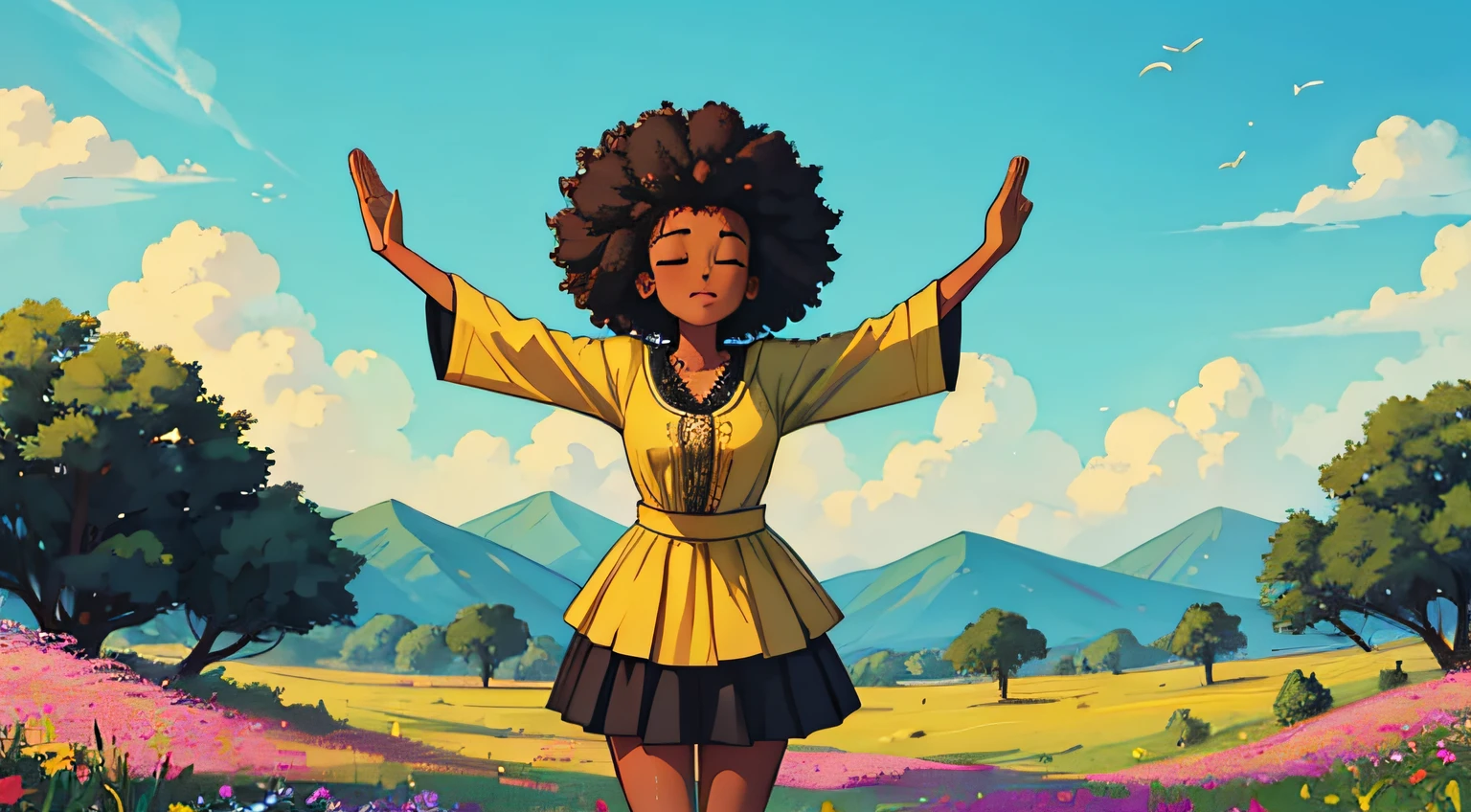 Black Girl ,African girl,Afro hair,eyes closed,meditation,standing with outstretched arms,relaxed,bliss freedom,outdoor landcsacape,beautiful grass field and flowers,aesthetic,outdoor Savannah landscape