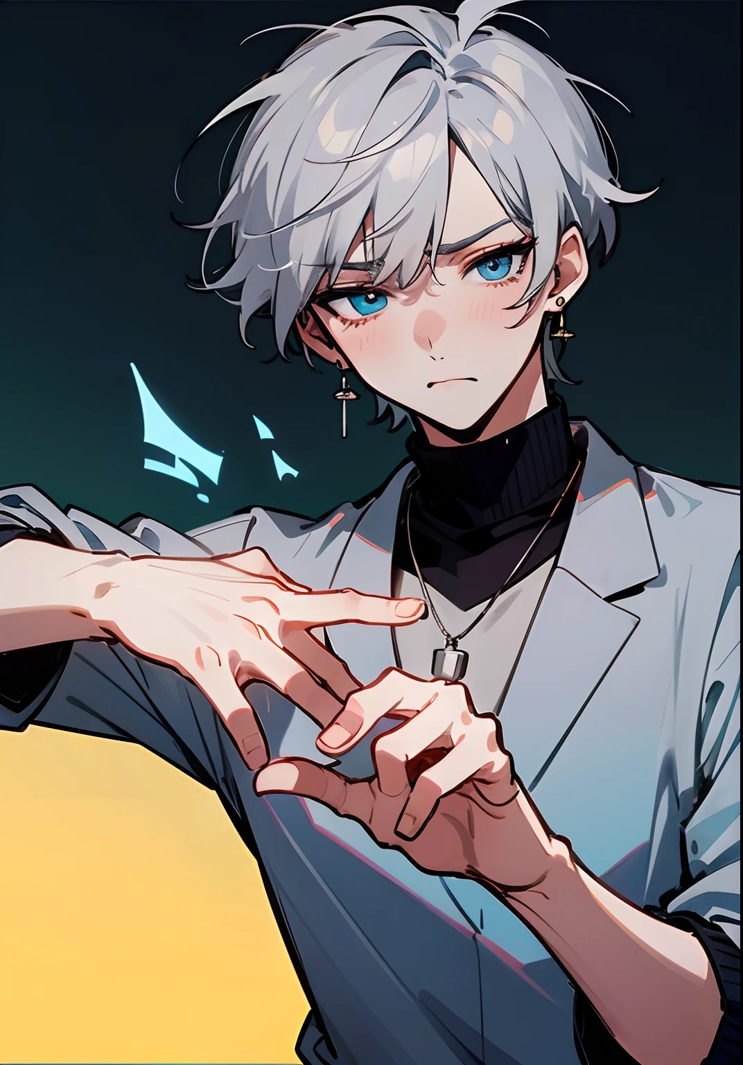 Male character, solo, upset, interactive with viewers, talking, kpop style, two block haircut, two side hair, light grey hair, silver hair, short but messy hair, light blue eyes, cyan eyes, man earrings, black turtleneck sweater, men necklace, popular, nervous but embarrassed, he wants you to give his hand, hand to hold, kpop outfit, soft, cool, ikemen, handsome, aesthetic, illustration, anime artstyle, masterpiece, best quality, detailed, 1boy, professional artwork, digital art, embarassed pose, no blush, he is hiding his embarrassment, irresistible, gorgeous, looking you, pure art, situational scene, scenario, it’s a date, lovely, shopping center background, 4k, hd