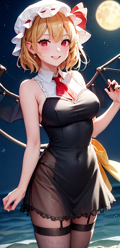 best quality, masterpiece, highres, solo, {night:1.10}, {starry sky:1.10}, beach, beautiful detailed sky, {extremely detailed background:1.20}, {flandre_scarlet_touhou:1.15}, {standing:1.10}, looking at viewer, {bikini:1.30}, blonde_hair, wings, red_eyes, crystal, bangs, hat, one_side_up, ribbon, mob_cap, bow, blush, smile, vest, white_headwear, red_vest, ascot, hair_between_eyes, red_bow, red_ribbon, upper_body, hat_ribbon, yellow_ascot, short_hair, light smile, huge breasts, cleavage, fishnet, goth, black lipstick, fishnet dress, fishnet pantyhose