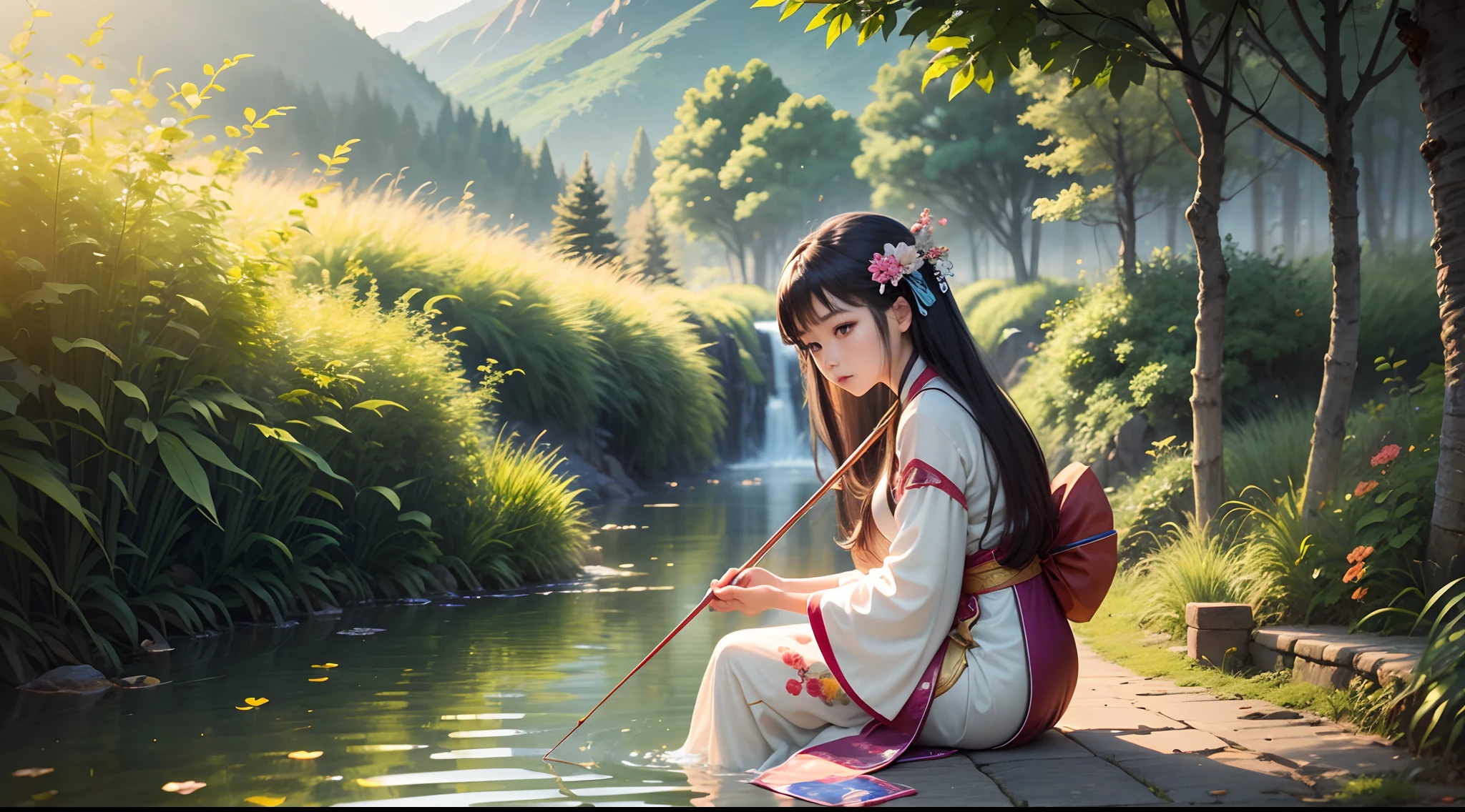 Hi,! Let's imagine a 3-year-old girl wearing Hanfu fishing together. She was wearing a gorgeous Hanfu, with bright colors and exquisite details. This Hanfu is made of soft silk, embroidered with exquisite patterns and patterns, showcasing the charm of traditional Chinese culture. The little girl sat on the Qingshi Bridge, holding a bamboo pole and gently throwing the fishing hook. She stared intently at the water, looking forward to the arrival of the fish. The breeze was blowing against her long hair, and the cuffs of her Hanfu swayed with the wind, adding a touch of elegance. Her eyes flickered with curiosity and anticipation, and her small hand tightly grasped the handle of the rod, carefully feeling the movement of the fish. She interacts gently with nature, enjoying the tranquility and beauty of nature. The surrounding scenery is also very pleasant. The lake is clear to the bottom, with lotus leaves floating on the water surface and rippling in microwaves. The distant mountains were verdant, and sunlight shone through the leaves on her, creating a peaceful and harmonious scene. This scene is full of innocence and tranquility, showcasing the harmonious coexistence between the little girl and nature. She exudes a classical and lovely charm against the backdrop of Hanfu. This scene is undoubtedly an intoxicating scene that takes us into a dreamlike world. --auto --s2
