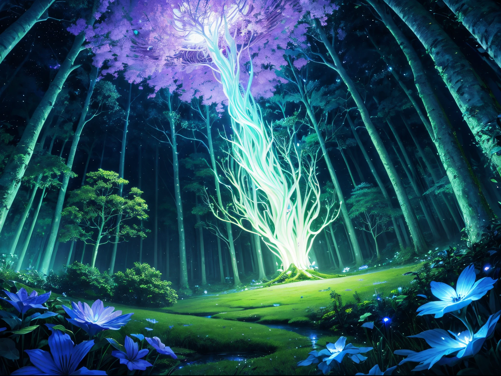 Produce a UHD image that captures the enchanting beauty of a moonlit forest where every plant and creature emits bioluminescent light. The forest should be alive with vibrant colors, creating an almost surreal, fairy-tale atmosphere.
