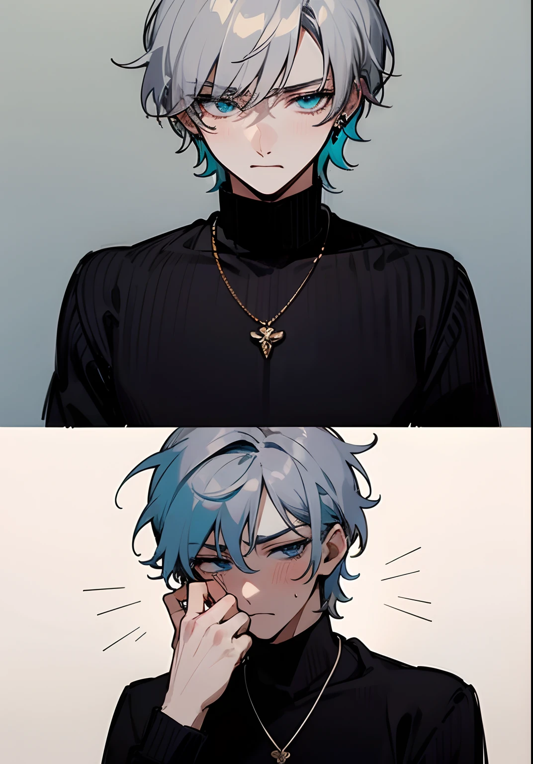 Male character, solo, upset, interactive with viewers, talking, kpop style, two block haircut, two side hair, light grey hair, silver hair, short but messy hair, light blue eyes, cyan eyes, man earrings, black turtleneck sweater, men necklace, popular, nervous but embarrassed, he wants you to give his hand, hand to hold, kpop outfit, soft, cool, ikemen, handsome, aesthetic, anime artstyle, masterpiece, best quality, detailed, 1boy, professional artwork, digital art, embarassed pose, no blush, he is hiding his embarrassment, irresistible, gorgeous, looking you, pure art, situational scene, scenario, it’s a date, lovely, shopping center background, 4k, hd
