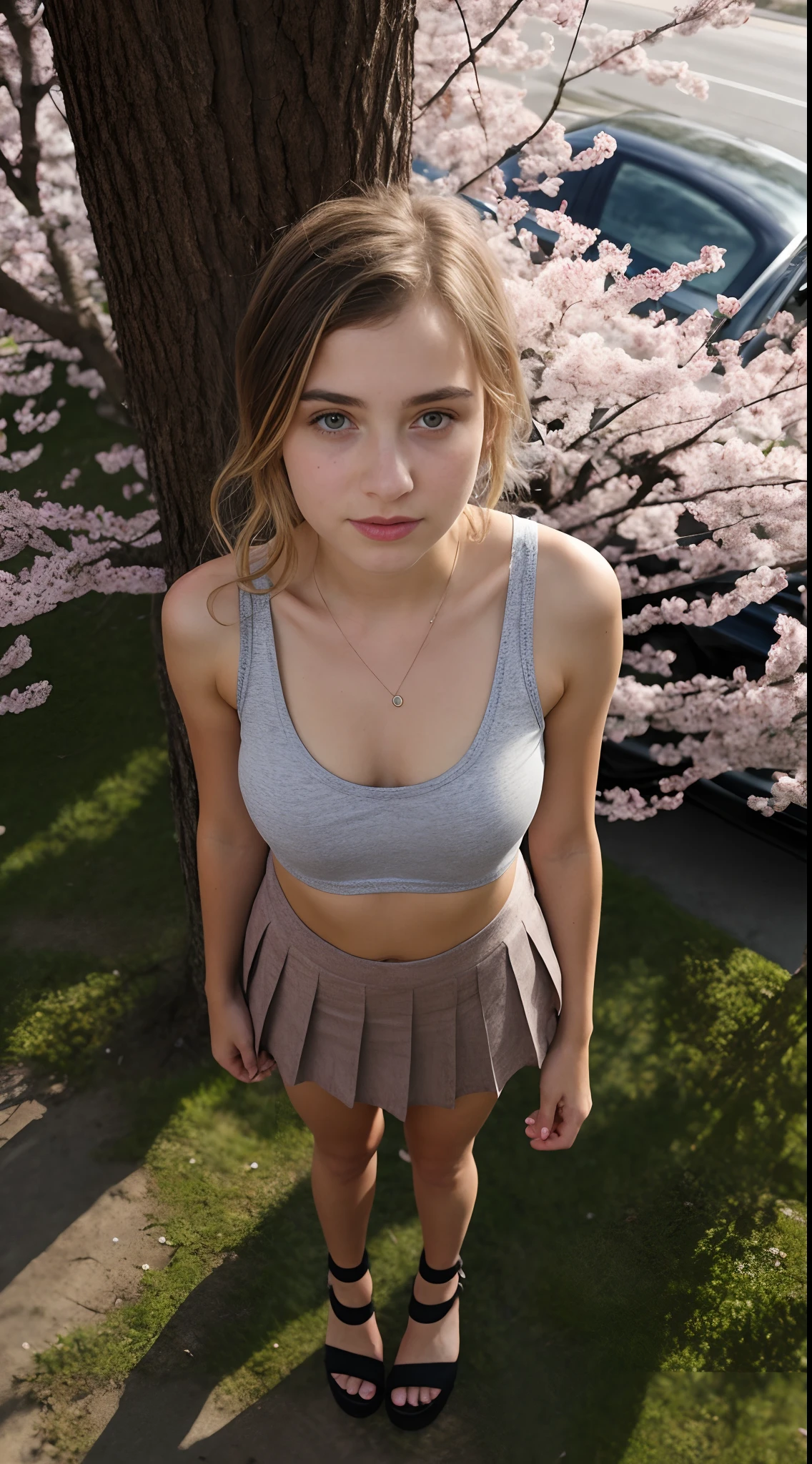 -tee6 yearean, blonde, small breasts, big eyes, long legs, close-up of thighs, tank top with plunging neckline, sweatshirt, tiny pleated skirt, heeled sandals, extremely high angle shot, top view of girl, park background, tree, cherry blossom, The last of us universe, ray tracing, HDR