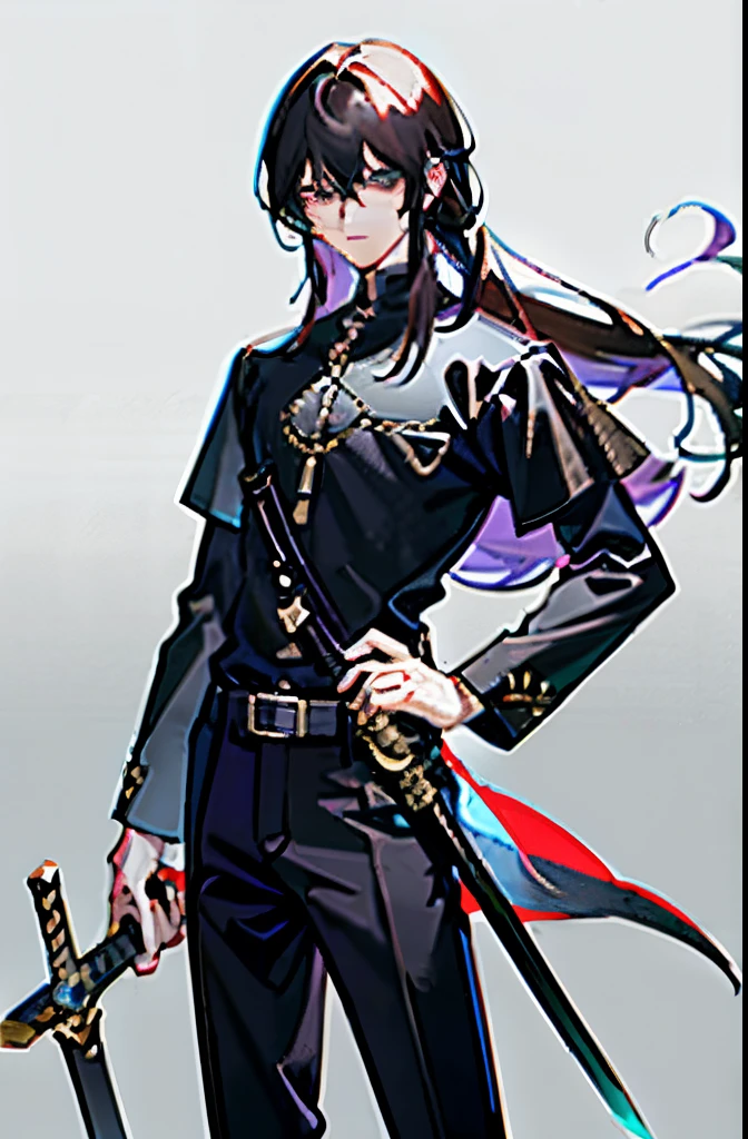 1boy, bangss, A dark-haired, Black shirt, trouser、hair between eye, Long-haired straight、Great sword、 swordsmen 、Highly detailed and anatomically correct, Sharp Images, digitial painting, concept-art、Hold your sword、Viola、1Book sword、glam、Long sword、Purple aura on the sword、ember