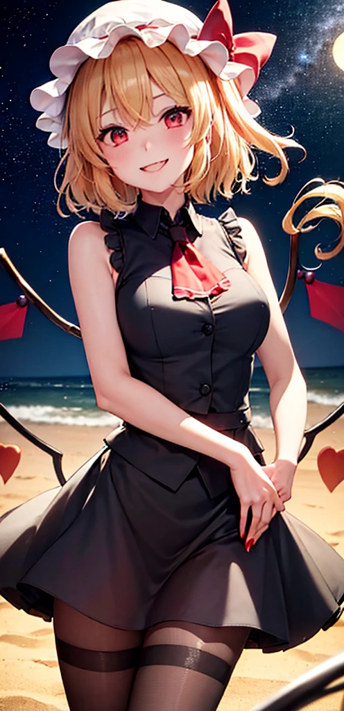 best quality, masterpiece, highres, solo, {night:1.10}, {starry sky:1.10}, beach, beautiful detailed sky, {extremely detailed background:1.20}, {flandre_scarlet_touhou:1.15}, {standing:1.10}, looking at viewer, {bikini:1.30}, blonde_hair, wings, red_eyes, crystal, bangs, hat, one_side_up, ribbon, mob_cap, bow, blush, smile, vest, white_headwear, red_vest, ascot, hair_between_eyes, red_bow, red_ribbon, upper_body, hat_ribbon, yellow_ascot, short_hair, light smile, huge breasts, cleavage, fishnet, goth, black lipstick, fishnet dress, fishnet pantyhose
