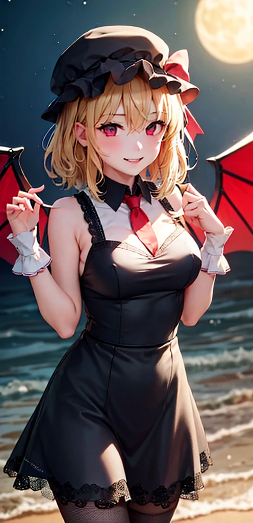 best quality, masterpiece, highres, solo, {night:1.10}, {starry sky:1.10}, beach, beautiful detailed sky, {extremely detailed background:1.20}, {flandre_scarlet_touhou:1.15}, {standing:1.10}, looking at viewer, {bikini:1.30}, blonde_hair, wings, red_eyes, crystal, bangs, hat, one_side_up, ribbon, mob_cap, bow, blush, smile, vest, white_headwear, red_vest, ascot, hair_between_eyes, red_bow, red_ribbon, upper_body, hat_ribbon, yellow_ascot, short_hair, light smile, huge breasts, cleavage, fishnet, goth, black lipstick, fishnet dress, fishnet pantyhose