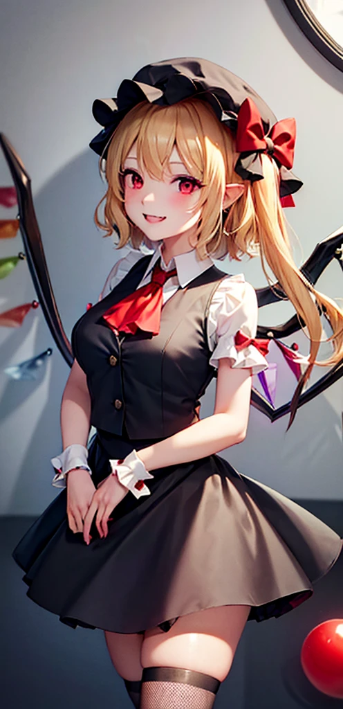 best quality, masterpiece, highres, solo, {night:1.10}, {starry sky:1.10}, beach, beautiful detailed sky, {extremely detailed background:1.20}, {flandre_scarlet_touhou:1.15}, {standing:1.10}, looking at viewer, {bikini:1.30}, blonde_hair, wings, red_eyes, crystal, bangs, hat, one_side_up, ribbon, mob_cap, bow, blush, smile, vest, white_headwear, red_vest, ascot, hair_between_eyes, red_bow, red_ribbon, upper_body, hat_ribbon, yellow_ascot, short_hair, light smile, huge breasts, cleavage, fishnet, goth, black lipstick, fishnet dress, fishnet pantyhose