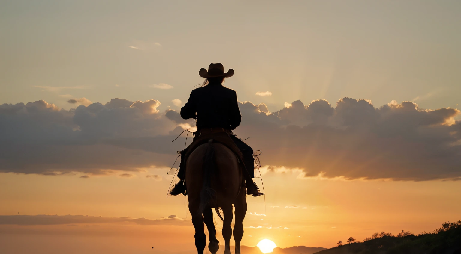 a silhouette of a cowboy on his horse from behind, riding into the sunset