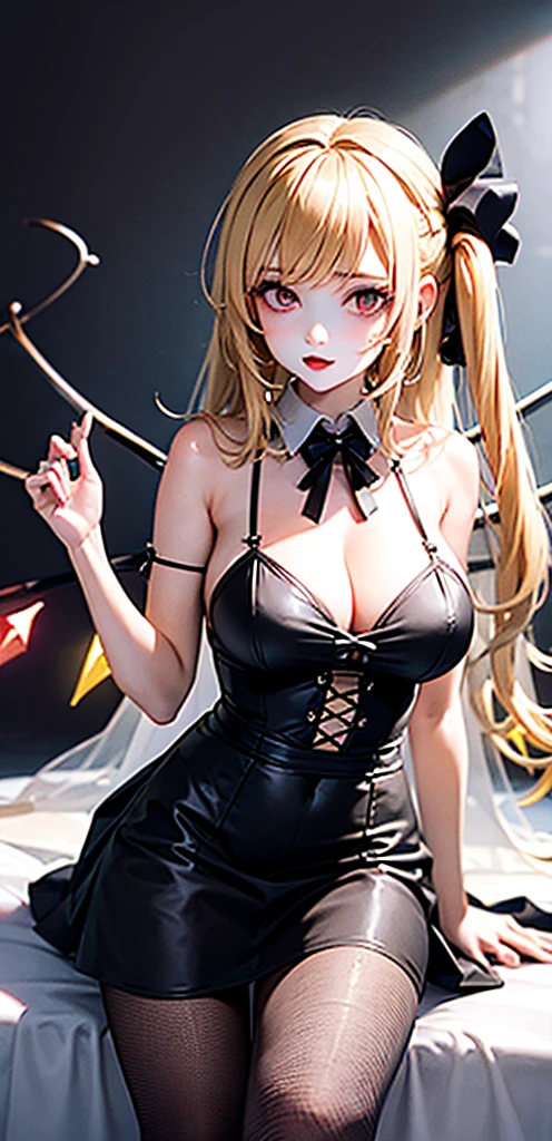 masterpiece, best quality, 1girl, blonde hair, mob cap, hair bow,long hair,wedding dress, huge breasts, cleavage, wings, fishnet, goth, black lipstick, fishnet dress, fishnet pantyhose