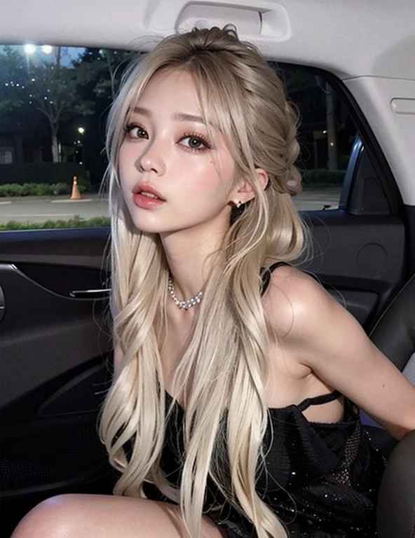 a closeup of a woman sitting in a car with long blonde hair, Parque Roseanne de Blackpink, Lalisa Manobal, Hermosa mujer surcoreana, Chica coreana, con cabello largo y rubio, con pelo largo blanco, con el pelo largo y blanco, Una chica con cabello rubio, Xision Wu, Su cabello es blanco, Lalisa Manoban de Blackpink, Cl