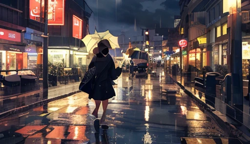 there is a woman walking down the street holding an umbrella, anime art wallpaper 4k, anime art wallpaper 4k, Anime art wallpaper 8k, rainy evening, rainy evening, 4k anime wallpaper, Tokyo Anime Scene, anime style 4 k, rainy streets in the background, late night raining, anime wallpaper 4k, anime wallpaper 4 k, rainy night city street　streetlights