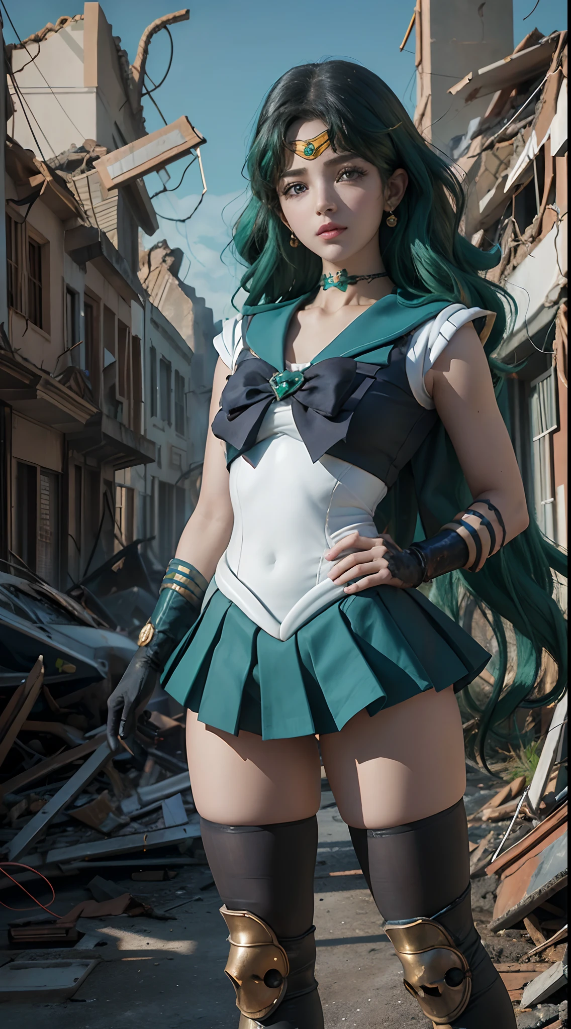 1girl, marinero Neptuno, (Uniforme Sailor Senshi:1.4), cabello verde oscuro, cabello mediano, Falda suplicante, La mejor calidad, Pendientes, Obra maestra, High resolution, Detalles intrincados, (( realista )), photographic, (Guantes blancos de codo:1.1), jewely, pecho mediano, cuerpo completo, dynamic background, Dynamic posture, tacones altos,,More detailed 8K.motor irreal:1.4,UHD,La mejor calidad:1.4, fotorrealista:1.4, textura de la piel:1.4, obra maestra:1.8,obra-prima, mejor calidad,objeto Objeto], (detailed face features:1.3),(manos Detallado),(Apocalyptic destroyed city:1.7),Botas por encima de la rodilla: 1.1), gargantilla, (Guante Blanco), gargantilla verde, Arboledas de codos, jewely, pendientes, falda verde, only one, cuerpo completosbian, pelos verdes,