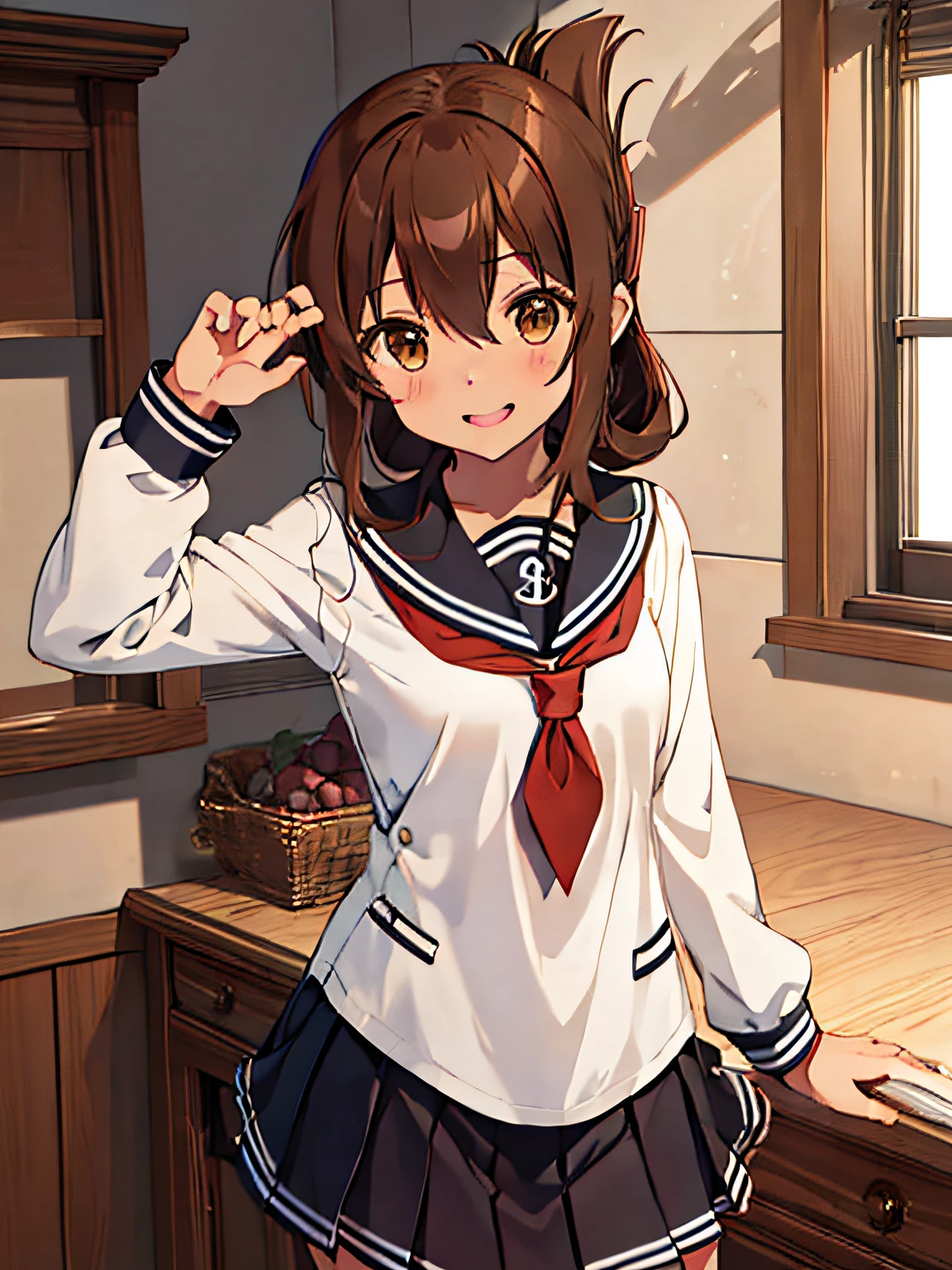 Best Quality, masutepiece, hight resolution, Solo, {Inazuma_Kantai Collection:1.15}, brown_hair, Folded_Ponytail, brown_Eyes, serafuku, long_hair, blush, Open_Mouth, Smile, 1girl in, anchor_symbol, Black_Skirt, long_sleeves, up looking_で_viewer, neckerchief, pleats_Skirt, Red_neckerchief, sailor_Collar, School_uniform, Skirt,