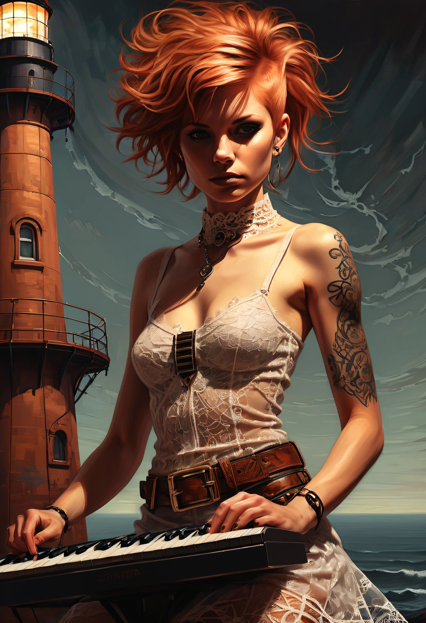 Oil painting, Unity Engine, award winning, aerial shot of an elegant Punks (Female:1.2) Composing music, the Girl is Intricate, dressed in [Lace top|1970s disco fashion], her hair is Rust, [Tribal:Boundless:17] Belts, from inside of a Lighthouse, Rough sketch, Surrealism Art, Monochromatic copper filter, sloppy strokes, Mandala, skin pores, (by Dan Mumford:1.1), a look of shock