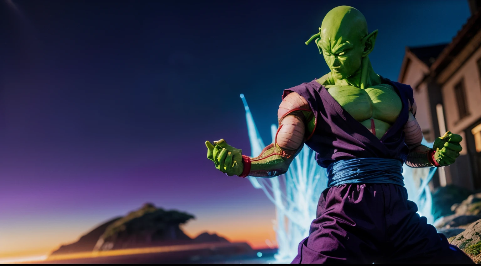 piccolo, 1boy,bald, pointy ears,(purple dougi), green skin, oni horns, purple pants,pink patches,blue sash