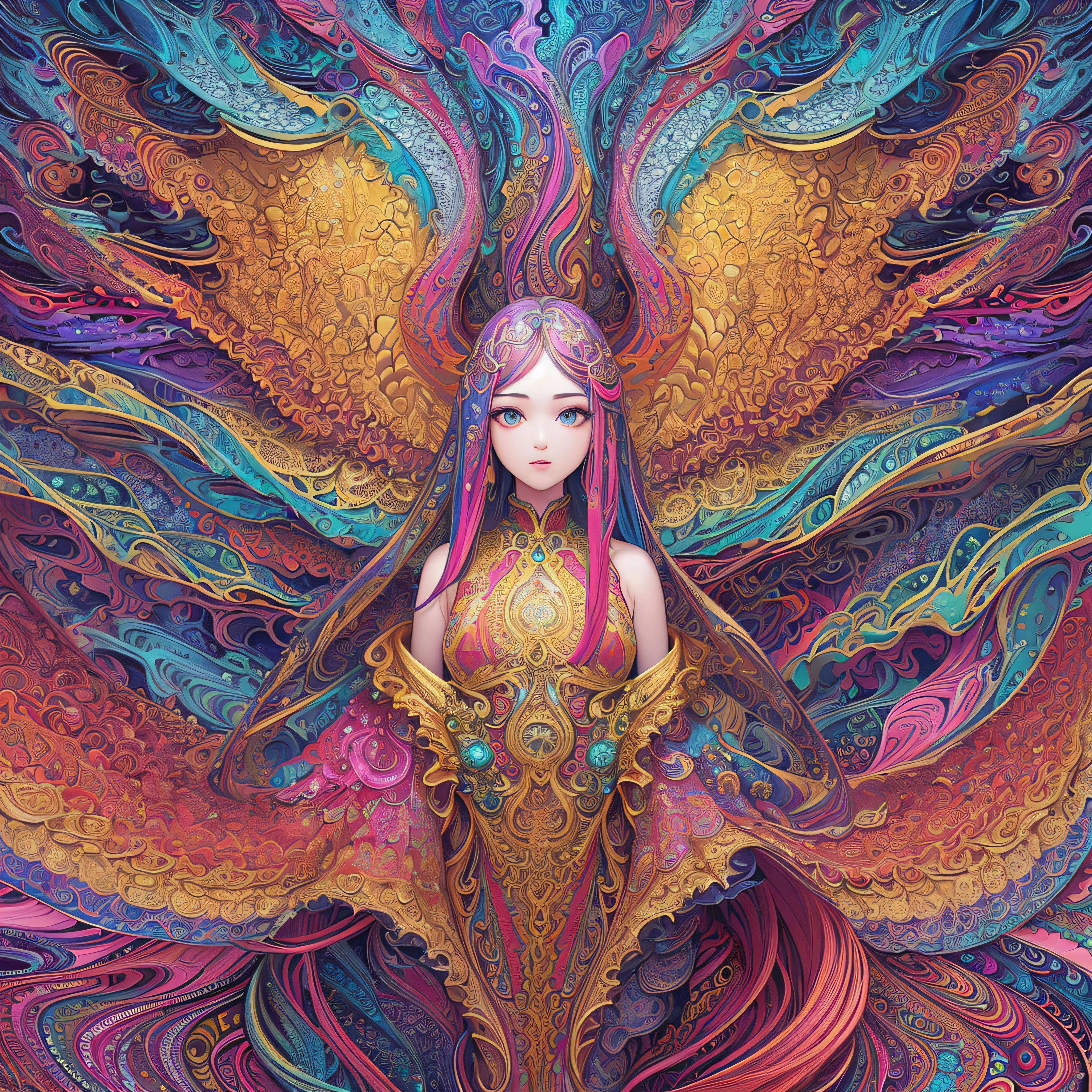 (masterpiece, top quality, best quality, official art, beautiful and aesthetic:1.2), (1girl:1.3), extremely detailed,(fractal art:1.2),colorful,highest detailed,(zentangle:1.2), (dynamic pose), (abstract background:1.5), (treditional dress:1.2), (shiny skin), (many colors:1.4), upper body --auto