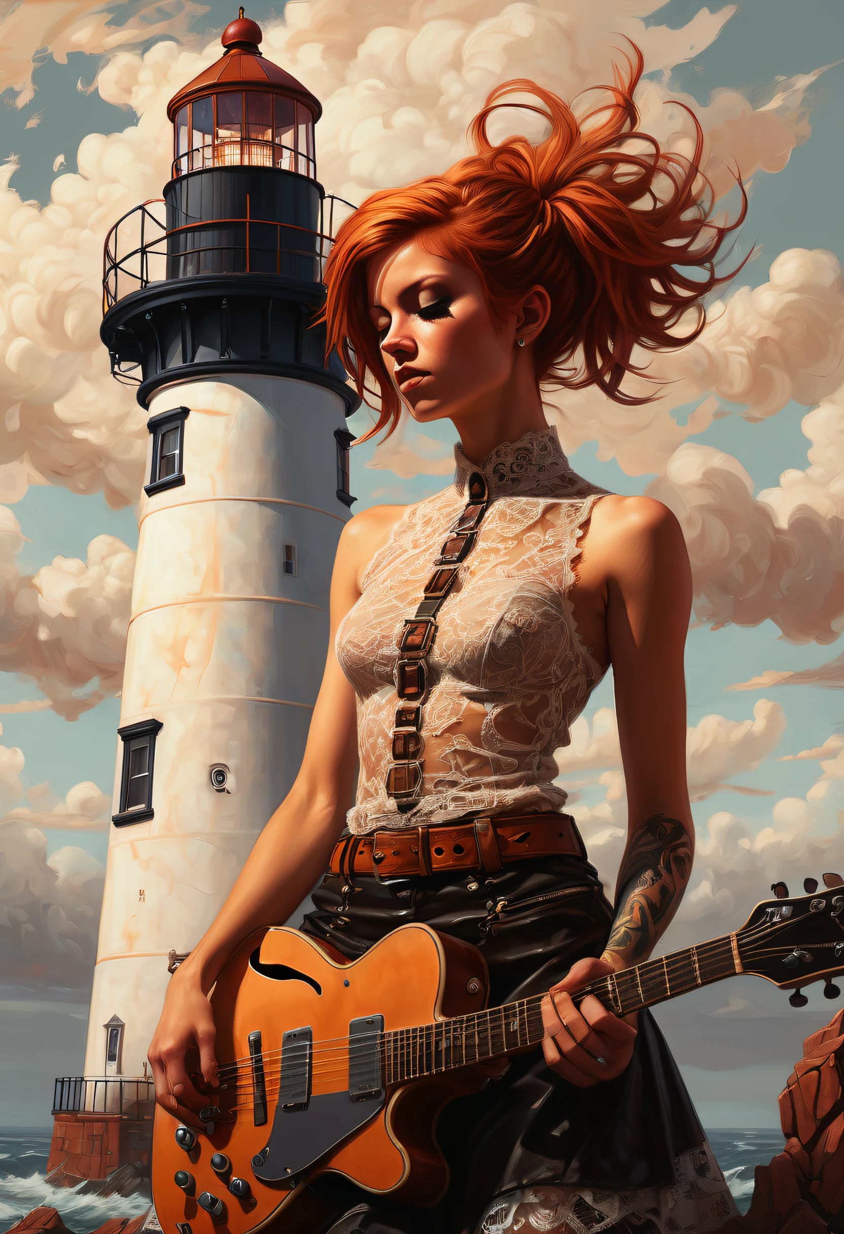 Oil painting, Unity Engine, award winning, aerial shot of an elegant Punks (Female:1.2) Composing music, the Girl is Intricate, dressed in [Lace top|1970s disco fashion], her hair is Rust, [Tribal:Boundless:17] Belts, from inside of a Lighthouse, Rough sketch, Surrealism Art, Monochromatic copper filter, sloppy strokes, Mandala, skin pores, (by Dan Mumford:1.1), a look of shock