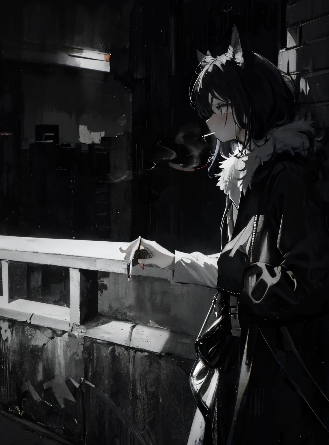 wolf girl, black hair, wolf ears with white fur inside, coat with a high collar, lights a cigarette, black and white, noir, pathos, standing against the wall, leaning on the wall, street, no people, 1girl, cigarette, from side, greyscale, holding, monochrome, railing, smoke, smoking, solo, cigarette in hand, smoke