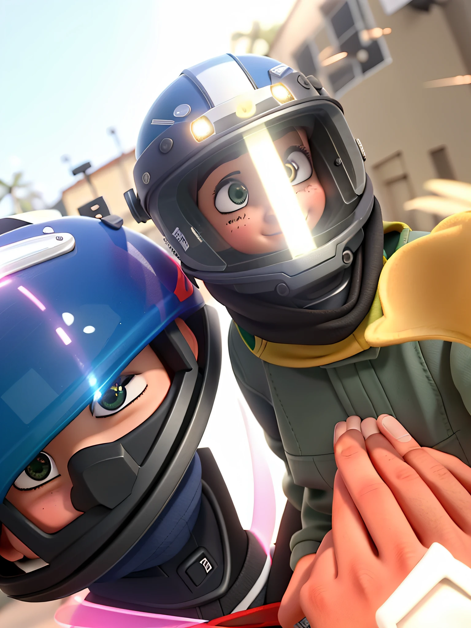 Um casal  parado na moto com capacete, iluminado pela luz do sol, contra o ceu de fundo de uma biblioteca