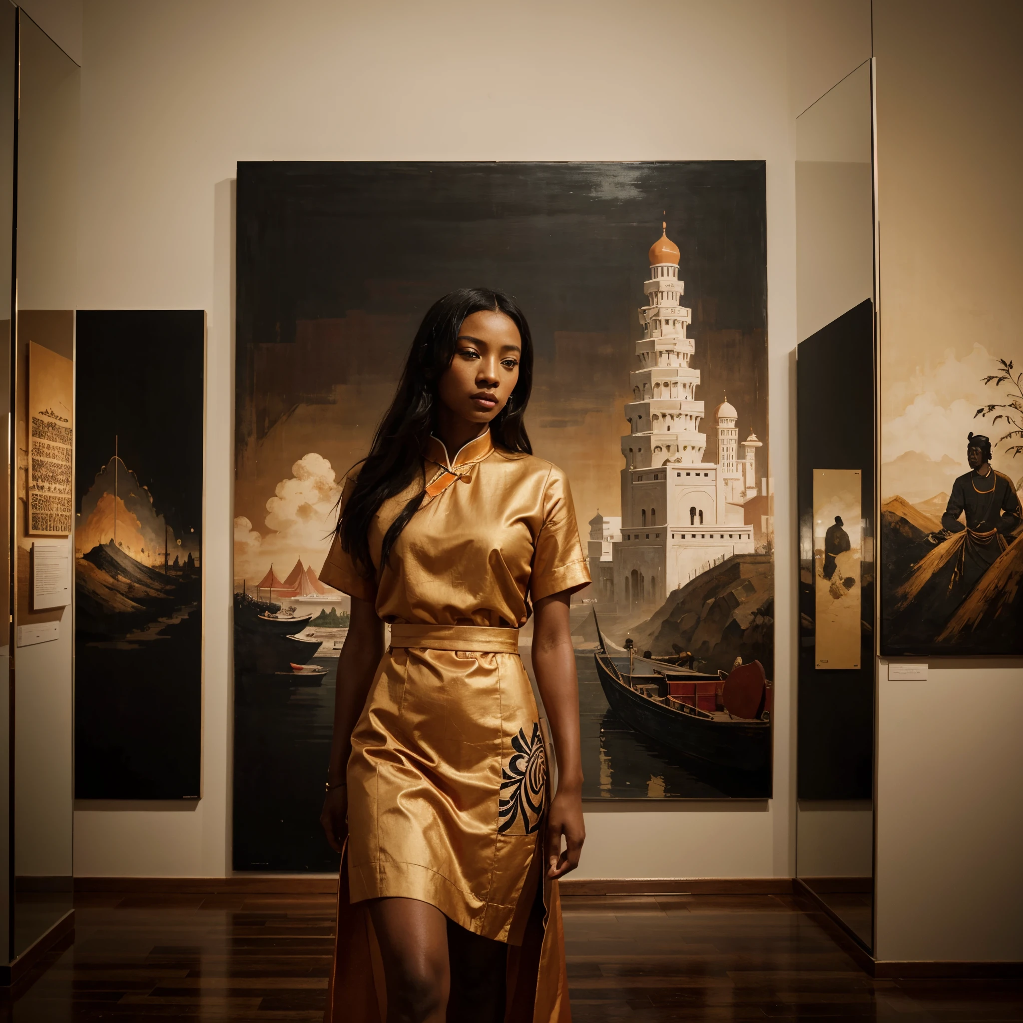 Minimalist Song dynasty mural by Alessandro Gottardo, Dream of Red clouds blended with beautiful black woman dressed in African designed clothes, majestic view filled with warmth and happiness, Zen, dark orange and light beige style, enigmatic figures, elegant cityscape, historical painting, super fine detail, monumental mural,Fine brushwork style, new Chinese style, aesthetic conception, Eastern aesthetics, landscape painting in a museum of mirrors,