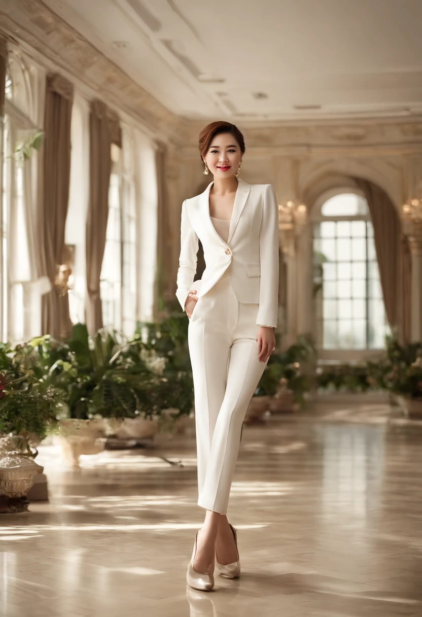 ((Highest quality、Ultra-high resolution)),((Full body portrait))、White blazer、(White midi skirt:1.45)、Delicate face、Detailed eyes and face、double eyelid、Lustrous red lips、Slender,High floor office、There is a large window、Detailed Background、Cleavage、Happy expression、Sitting pose,black silk pantyhose,High heels