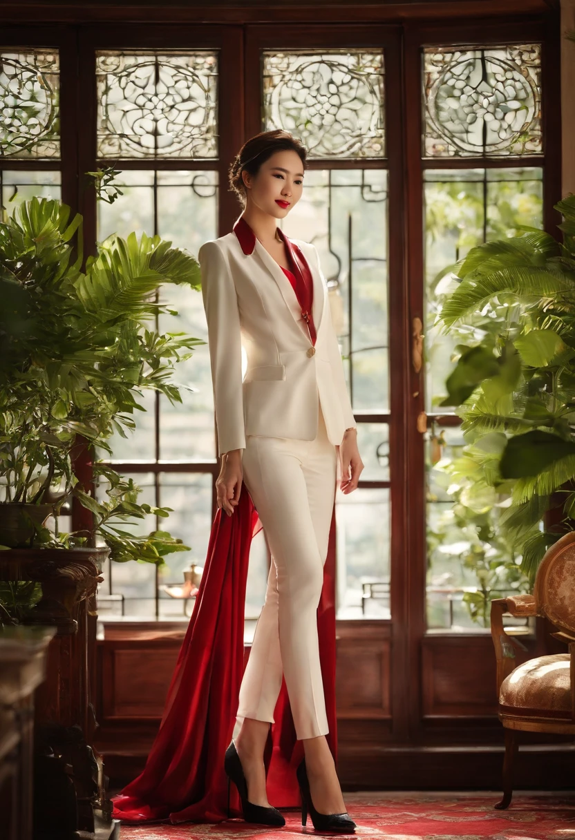 HD movie posters,High-definition fashion photo,A 28 year old super stunning super stunning Chinese super female fashion model wearing a white business suit,((A real smile A real smile)),((Expression is natural and super natural)),Standing in front of the antique window in the lobby on the first floor of a super luxurious European-style villa,((supernatural face:1.2)),((Outside the window is a large lawn)),slim figure slim figure, The appearance is very stunning.,High-end temperament beauty, temperament beauty,The background is the lobby on the first floor of a European-style villa,classical furniture furniture, Stunning legs standing in elegant pose:1.3 ,Sexy elegant fashion model,, Wearing an elegant white Western business suit for women, ((Exquisite red short hair:1.4)),Sony DSLR camera,fully body photo,Master masterpieces,电影灯光,Super stunning,3Drenderingof,ultra-realistic realism,