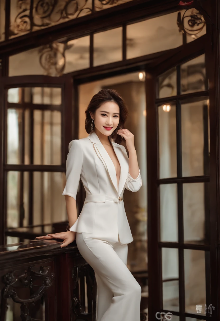 HD movie posters，High-definition fashion photo，A 28 year old super stunning super stunning Chinese super female fashion model wearing a white business suit，((A real smile A real smile)),((Expression is natural and super natural)),Standing in front of the antique window in the lobby on the first floor of a super luxurious European-style villa，((supernatural face：1.2))，((Outside the window is a large lawn))，slim figure slim figure, The appearance is very stunning.，High-end temperament beauty, temperament beauty，The background is the lobby on the first floor of a European-style villa，classical furniture furniture, Stunning legs standing in elegant pose：1.3 ，Sexy elegant fashion model,, Wearing an elegant white Western business suit for women, ((Exquisite red short hair：1.4))，Sony DSLR camera，fully body photo，Master masterpieces，电影灯光，Super stunning，3Drenderingof，ultra-realistic realism，