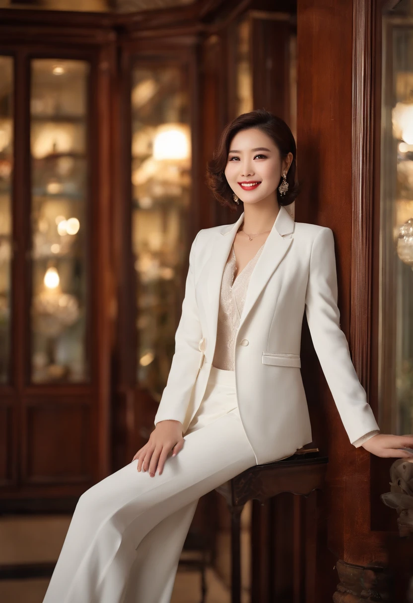 HD movie posters,High-definition fashion photo,A 28 year old super stunning super stunning Chinese super female fashion model wearing a white business suit,((A real smile A real smile)),((Expression is natural and super natural)),Standing in front of the antique window in the lobby on the first floor of a super luxurious European-style villa,((supernatural face:1.2)),((Outside the window is a large lawn)),slim figure slim figure, The appearance is very stunning.,High-end temperament beauty, temperament beauty,The background is the lobby on the first floor of a European-style villa,classical furniture furniture, Stunning legs standing in elegant pose:1.3 ,Sexy elegant fashion model,, Wearing an elegant white Western business suit for women, ((Exquisite red short hair:1.4)),Sony DSLR camera,fully body photo,Master masterpieces,电影灯光,Super stunning,3Drenderingof,ultra-realistic realism,