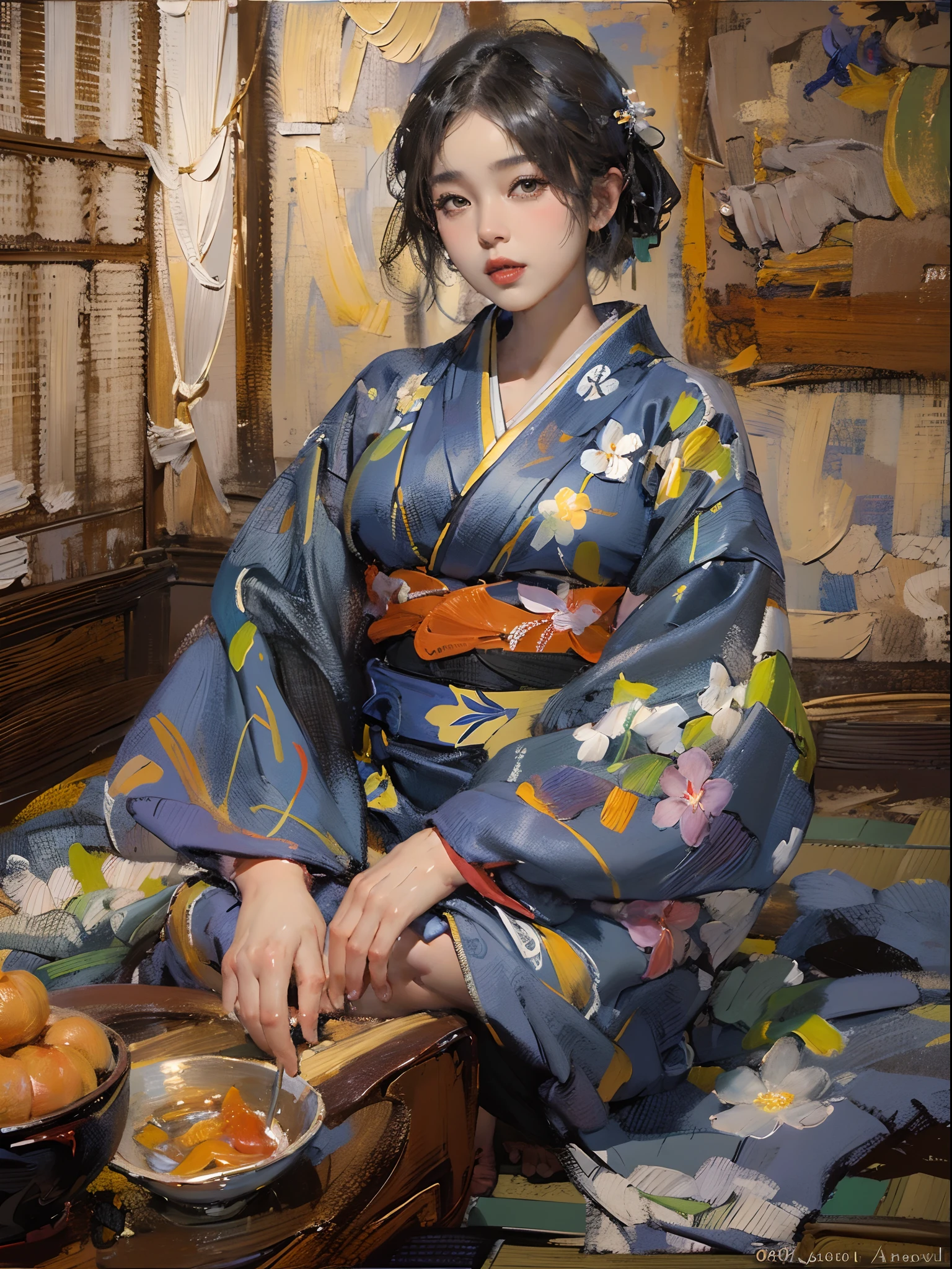 There is a woman squatting on the tatami,(((A MILF: 1.4))), (Beautiful curves:1.35),(((Dark skin))),Curvy physique,, Thick body,((bigger )),((Completely slim down )), (((Pinching the crotch while wearing a yukata))),((take off your bathrobe)),((pubes)), Samu rice paste, model in Japan,((Sexual suggestiveness)),,(Fechin oil painting - Fechin oil painting , oil painted), 00