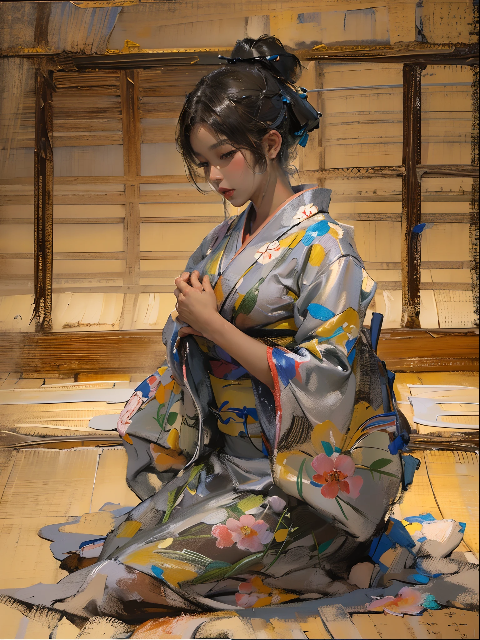There is a woman squatting on the tatami,(((A MILF: 1.4))), (Beautiful curves:1.35),(((Dark skin))),Curvy physique,, Thick body,((bigger )),((Completely slim down )), (((Pinching the crotch while wearing a yukata))),((take off your bathrobe)),((pubes)), Samu rice paste, model in Japan,((Sexual suggestiveness)),,(Fechin oil painting - Fechin oil painting , oil painted), 00