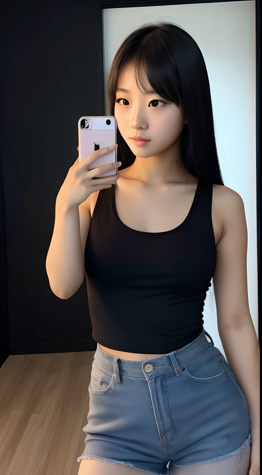 1girl in, Asian Girl, 20yr old, college, Pretty, Selfie, Dark background, Take a photo with your iPhone's camera, Noise Images, raw picture, pop music , Tank top, small tits,