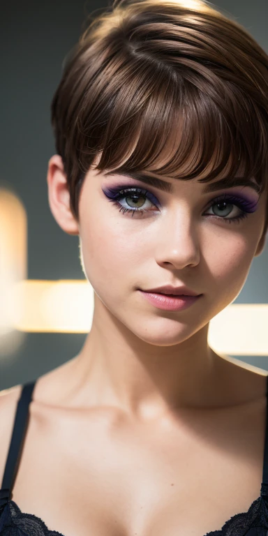 Photo of a 15-year-old European girl, .RAW, beautiful woman,pecas en mejillas ,hermosos  ojos azules(Light brown hair pixie haircut),corte de cabello pixie ((retrato)), ((Cara detallada:1.2)), ((Detailed facial features)), (Piel finamente detallada), usando pantimedias negras sexys , erotic costume ,  ,lindo maquillaje, Purple eyeshadows on eyelids ,Un sexy(cool color), humid, humid, Reflectores, (Masutepiece) (proporciones perfectas)(fotos realistas)(La mejor calidad) (Detallado) fotografiado con una EOS R5 de Canon, Lente de 50 mm, f/2.8, NffSW, (8k) (papel tapiz) (cinematic lighting) (Dramatic lighting) (foco nítido) (Enrevesado) , Cheerfully waving to the camera ,mirada seductora