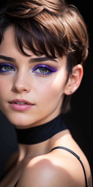 Photo of a 15-year-old European girl, .RAW, beautiful woman,pecas en mejillas ,hermosos ojos azules(Light brown hair pixie haircut),corte de cabello pixie ((retrato)), ((Cara detallada:1.2)), ((Detailed facial features)), (Piel finamente detallada), usando pantimedias negras sexys , erotic costume , ,lindo maquillaje, Purple eyeshadows on eyelids ,Un sexy(cool color), humid, humid, Reflectores, (Masutepiece) (proporciones perfectas)(fotos realistas)(La mejor calidad) (Detallado) fotografiado con una EOS R5 de Canon, Lente de 50 mm, f/2.8, NffSW, (8k) (papel tapiz) (cinematic lighting) (Dramatic lighting) (foco nítido) (Enrevesado) , Cheerfully waving to the camera ,mirada seductora