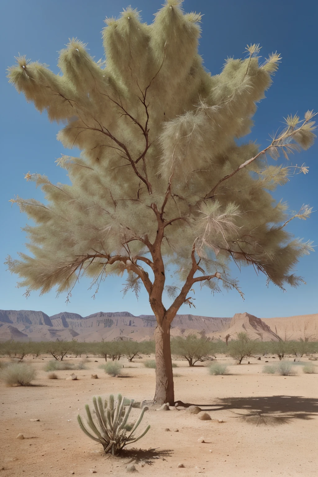 A tree in the desert, its canopy is large and very green and full of fruits. Next to it is a lake with very blue water.