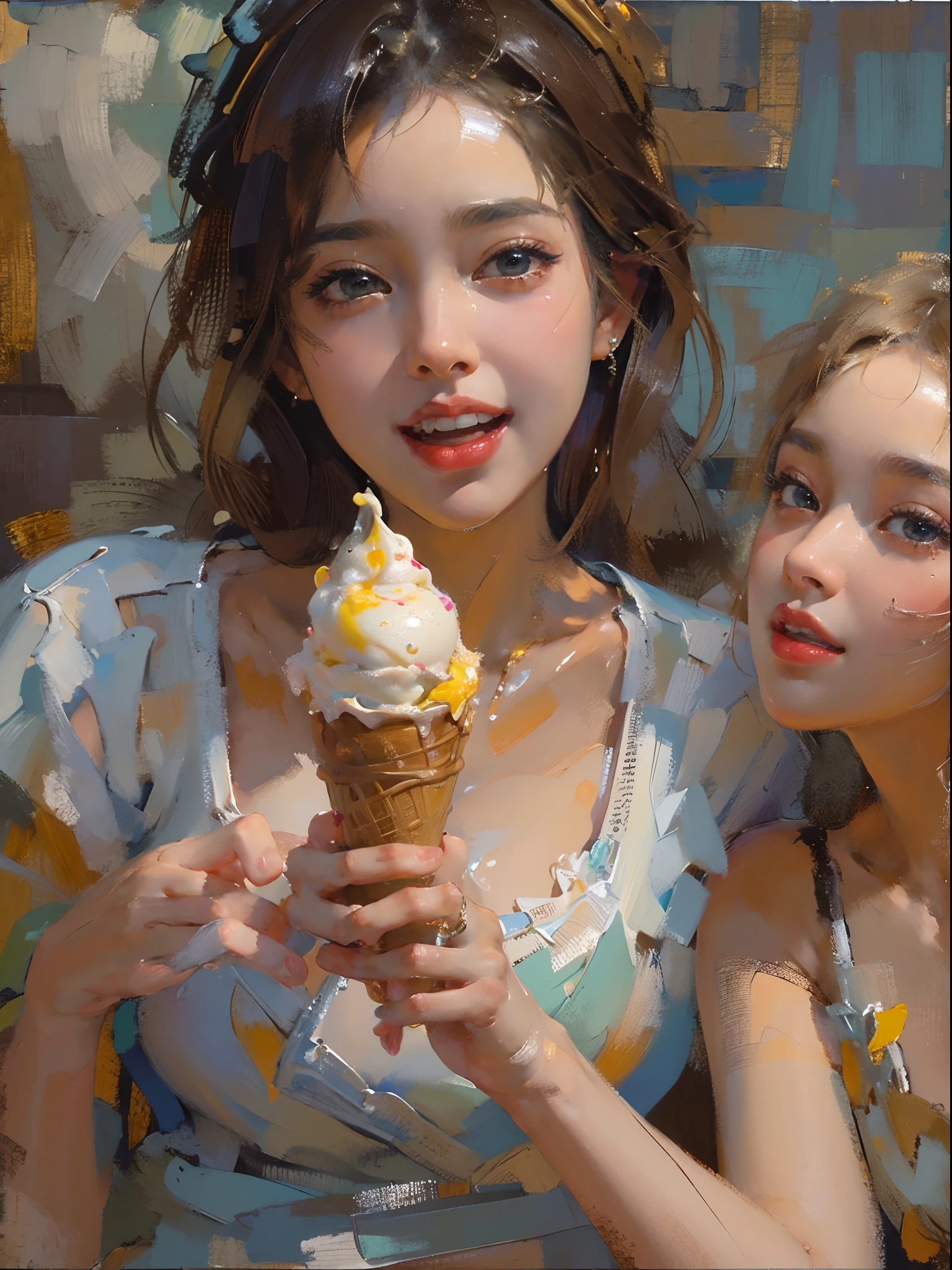 (2  girls),((Yuri))),((Eye contact))),(Look at each other),eating ice cream,out your tongue,sitted,(Best quality), ((tmasterpiece)), (A high resolution), pay,Perfect mature female figure, slim toned body,Original, mediuml breasts,High detail 8K wallpaper, perspired,Wet hair,(very delicate beautiful),Contour deepening, realistically, Precise geometry, Complicated details, eat an ice cream,Smiling, Close-up cleavage,(Fechin Oil Painting - Fechin Oil Painting , oil painted), 00