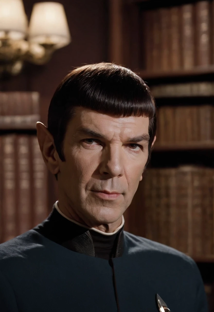 A photo of Spock in the Starfleet Academy library, surrounded by stacks of books and studying intensely.,Star Trek,Spock, the iconic character from “Star Trek,” is distinguished by his unique Vulcan appearance: sharp, angular features, with notably pointed ears and slanted eyebrows, often complemented by his calm, composed expression. His hair is typically cut in a precise, straight style, adding to his orderly and logical demeanor.