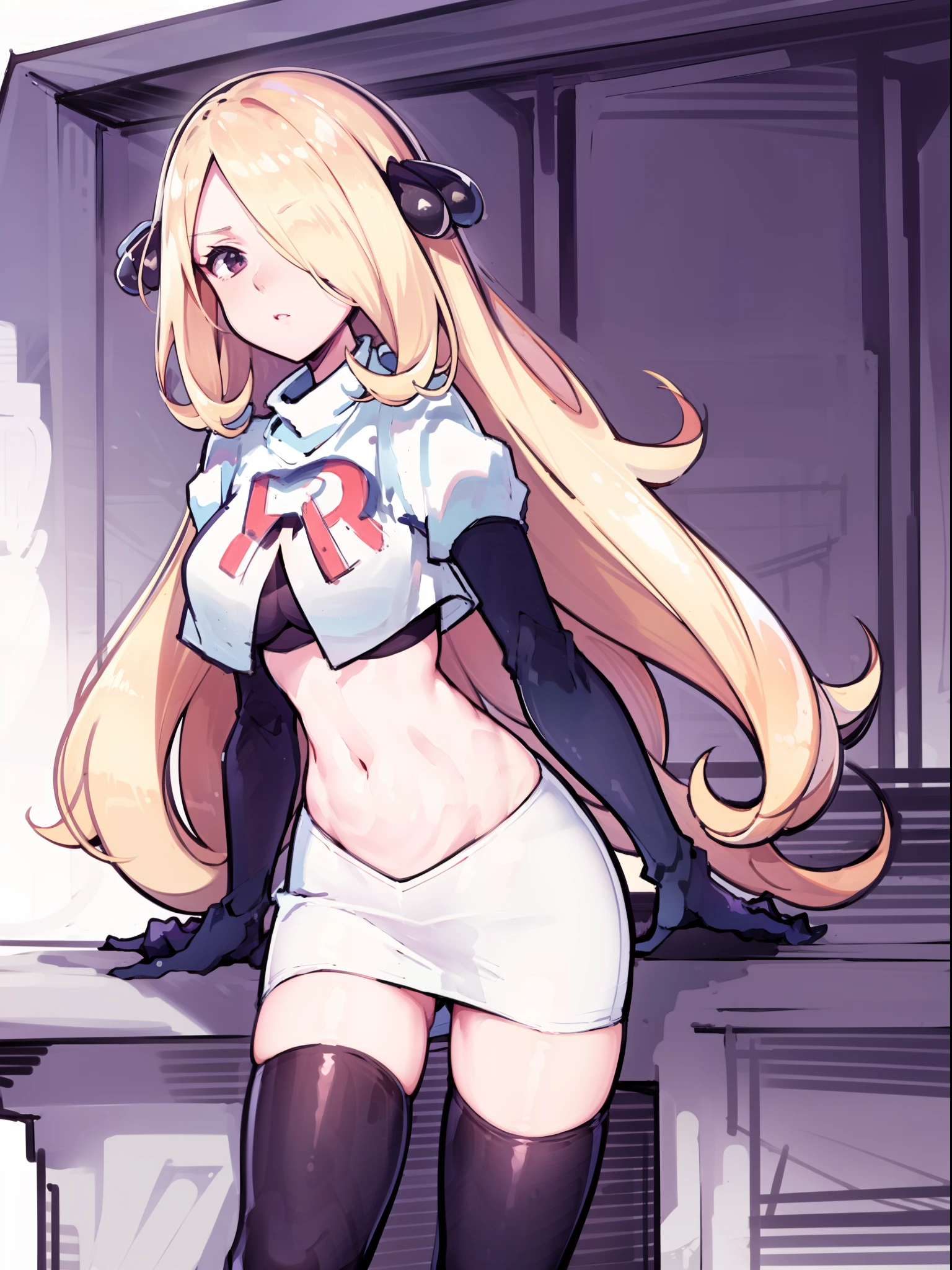 cynthia \(pokemon\),team rocket,team rocket uniform,white skirt,crop top,black thigh-high boots,black elbow gloves,